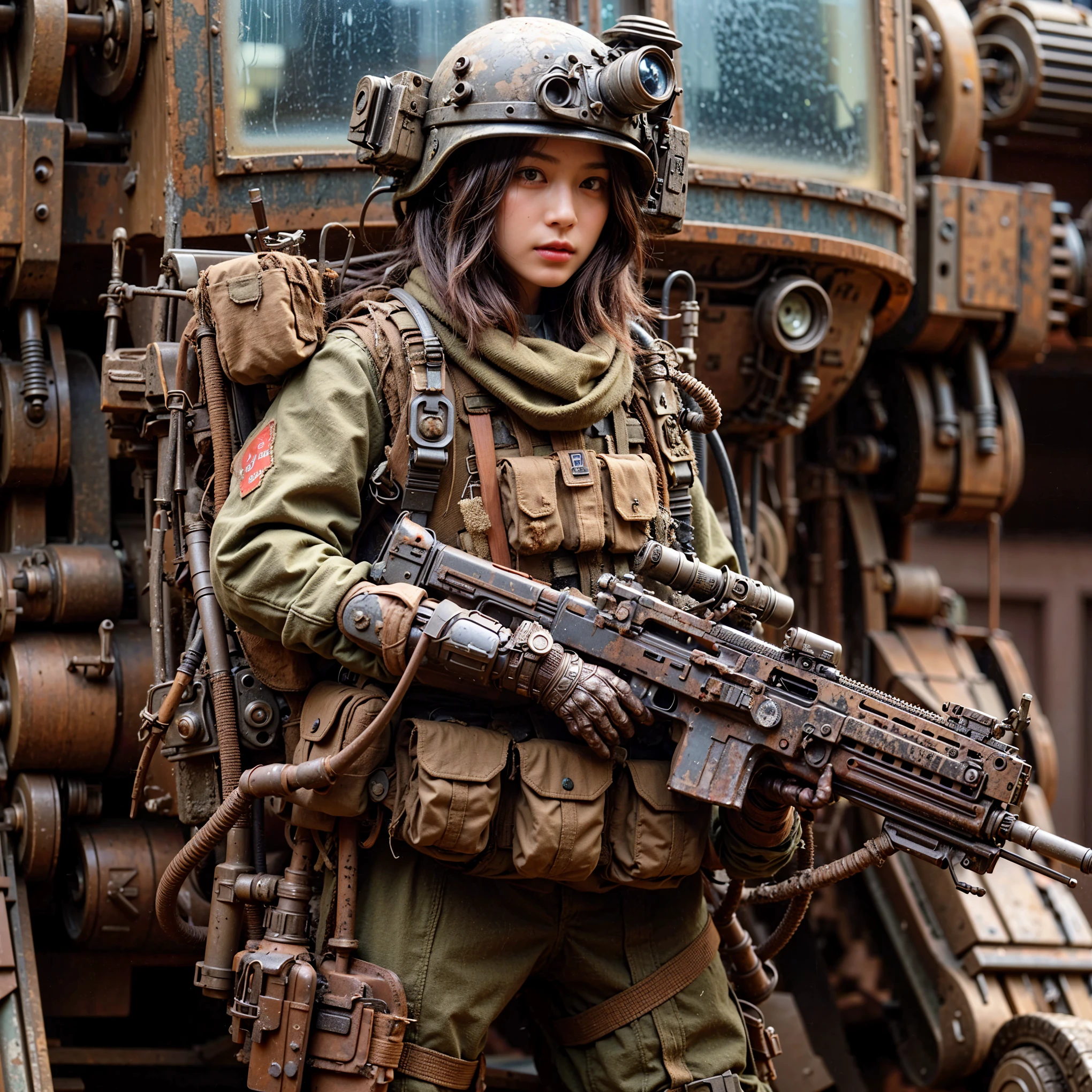 ((super intricate all details)),((super realistic all textures)),Overall photo of a female soldier sitting on a piece of fictional WWII Japanese military type weapon, beautiful face, dirty clothes, very intricate details, olive drab paint, peeling paint, weathering, rust, taken with Fuji film X-T30+Nokton. HDR10
