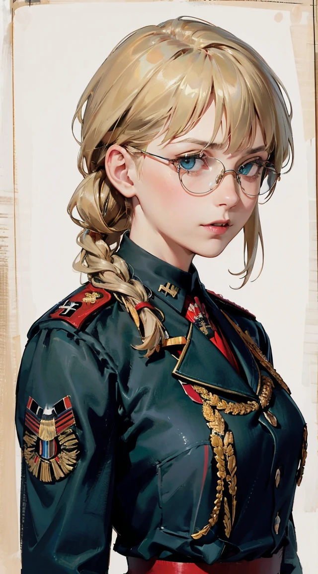 Modest outfit, remote shot, detailed beautiful delicate face, detailed beautiful delicate eyes, perfect facial proportions, high-definition skin, fine skin, four-inch best ratio. With one thumb, a masterpiece, highly detailed, realistic, (World War II German general uniform reference : 1.8), the highest face resolution, adult, modestly dressed woman, dressed entirely, ( small, black hair, black straight bangs, super fine braids, straight bangs, red glasses, dark green eyes), future, science fiction, fighter plane, standing On the landing of a fighter plane, the government agency, a deep intelligent personality, a calm expression, a respectful face, a war, a fighter plane (La mejor calidad:1.1), (Obra maestra:1.4), (absurdos:1.0), retrato, primer plano,1girl, Marinero Urano, KizukiAi, Mujer madura, small breasts, aqua eyes, cabello rubio, Uniforme Sailor Senshi, Collar de marinero, arco de pecho, Arco trasero, Falda suplicante, Guantes blancos de codo, Acostado boca abajo, en el suelo, con el trasero en alto, mostrando el culo de espaldas, without looking back