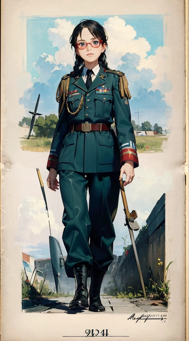 Modest outfit, remote shot, detailed beautiful delicate face, detailed beautiful delicate eyes, perfect facial proportions, high-definition skin, fine skin, four-inch best ratio. With one thumb, a masterpiece, highly detailed, realistic, (World War II German general uniform reference : 1.8), the highest face resolution, adult, modestly dressed woman, dressed entirely, ( small, black hair, black straight bangs, super fine braids, straight bangs, red glasses, dark green eyes), future, science fiction, fighter plane, standing On the landing of a fighter plane, the government agency, a deep intelligent personality, a calm expression, a respectful face, a war, a fighter plane (La mejor calidad:1.1), (Obra maestra:1.4), (absurdos:1.0), retrato, primer plano,1girl, Marinero Urano, KizukiAi, Mujer madura, small breasts, aqua eyes, cabello rubio, Uniforme Sailor Senshi, Collar de marinero, arco de pecho, Arco trasero, Falda suplicante, Guantes blancos de codo, Acostado boca abajo, en el suelo, con el trasero en alto, mostrando el culo de espaldas, without looking back