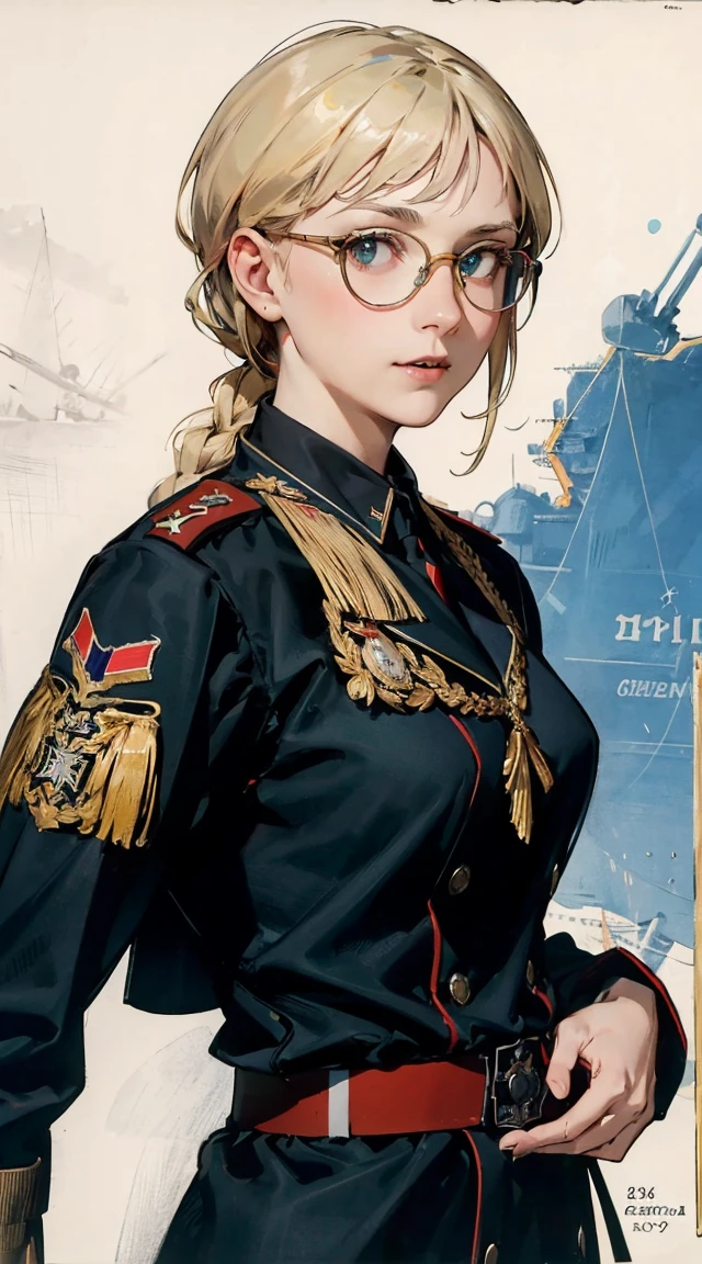 Modest outfit, remote shot, detailed beautiful delicate face, detailed beautiful delicate eyes, perfect facial proportions, high-definition skin, fine skin, four-inch best ratio. With one thumb, a masterpiece, highly detailed, realistic, (World War II German general uniform reference : 1.8), the highest face resolution, adult, modestly dressed woman, dressed entirely, ( small, black hair, black straight bangs, super fine braids, straight bangs, red glasses, dark green eyes), future, science fiction, fighter plane, standing On the landing of a fighter plane, the government agency, a deep intelligent personality, a calm expression, a respectful face, a war, a fighter plane  (La mejor calidad:1.1), (Obra maestra:1.4), (absurdos:1.0), retrato, primer plano,1girl, Marinero Urano, KizukiAi, Mujer madura, small breasts, aqua eyes, cabello rubio, Uniforme Sailor Senshi, Collar de marinero, arco de pecho, Arco trasero, Falda suplicante, Guantes blancos de codo, Acostado boca abajo, en el suelo, con el trasero en alto, mostrando el culo de espaldas, without looking back