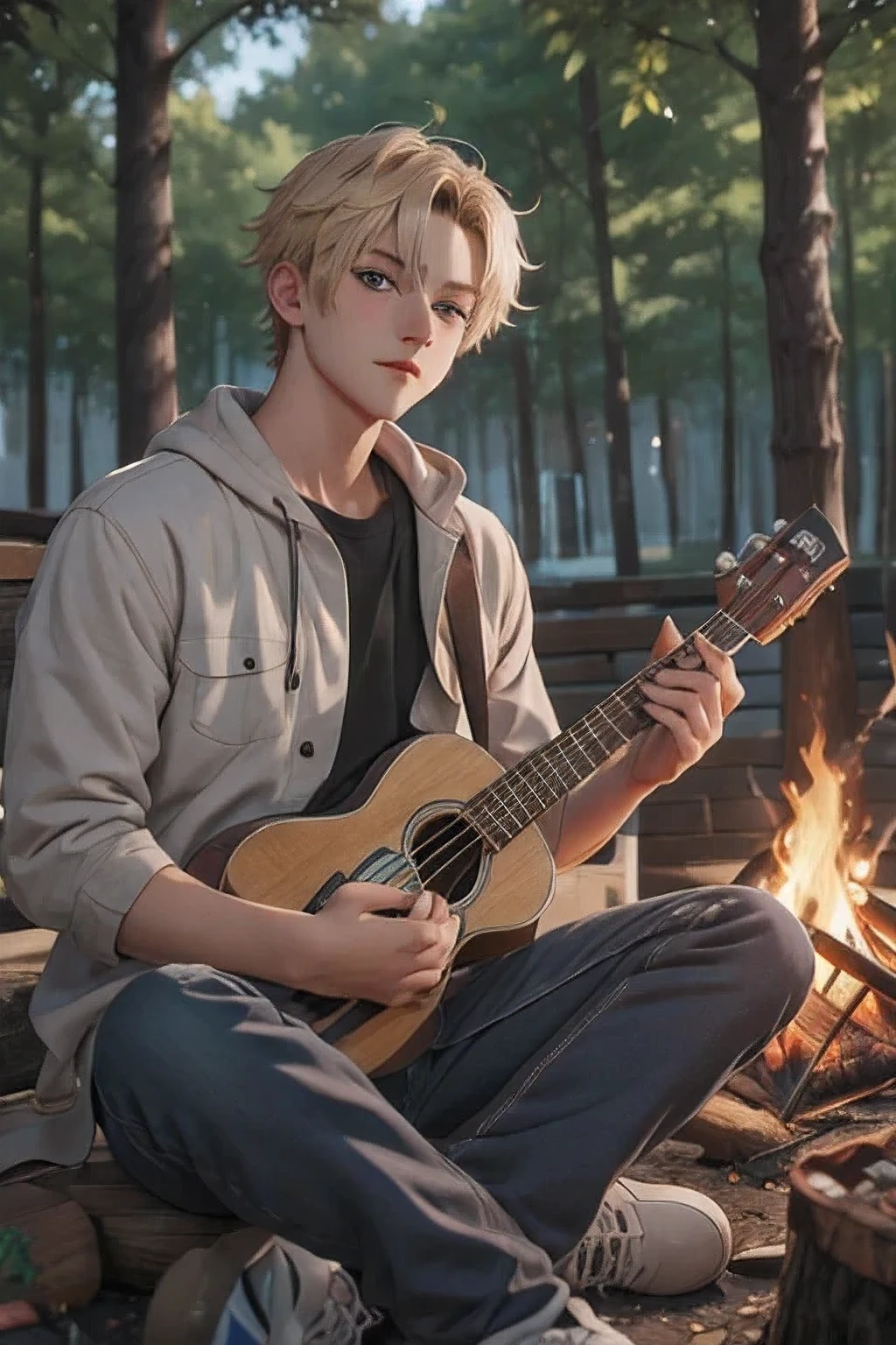 Create a british blond  male with grey Blue eyes beeinflusst completely high on weed sitting next to a campfire playing ukulele
