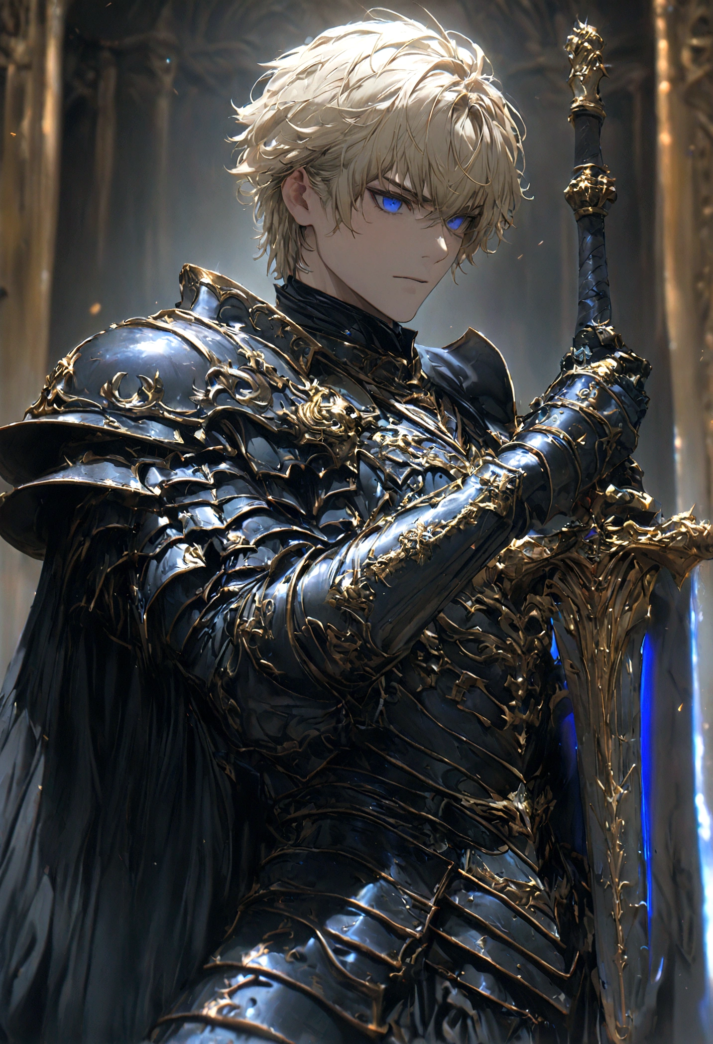 ８k、Masterpiece、２０Male in his 20s、White male、Blonde、blue eyeuscular body、Perfect handsome man、Royal Knights，The entire body is covered in luxurious heavy armor with gold engravings on a black enamel base.，Big knight&#39;s sword pointing towards the sky，Sports Late，Cleavage close-up，Solemn，Flat Chest，moderate，Humble，Cinematic, High resolution, original, complicated, high quality, Gorgeous shades, complicated details, Ultra-fine，OC Rendering