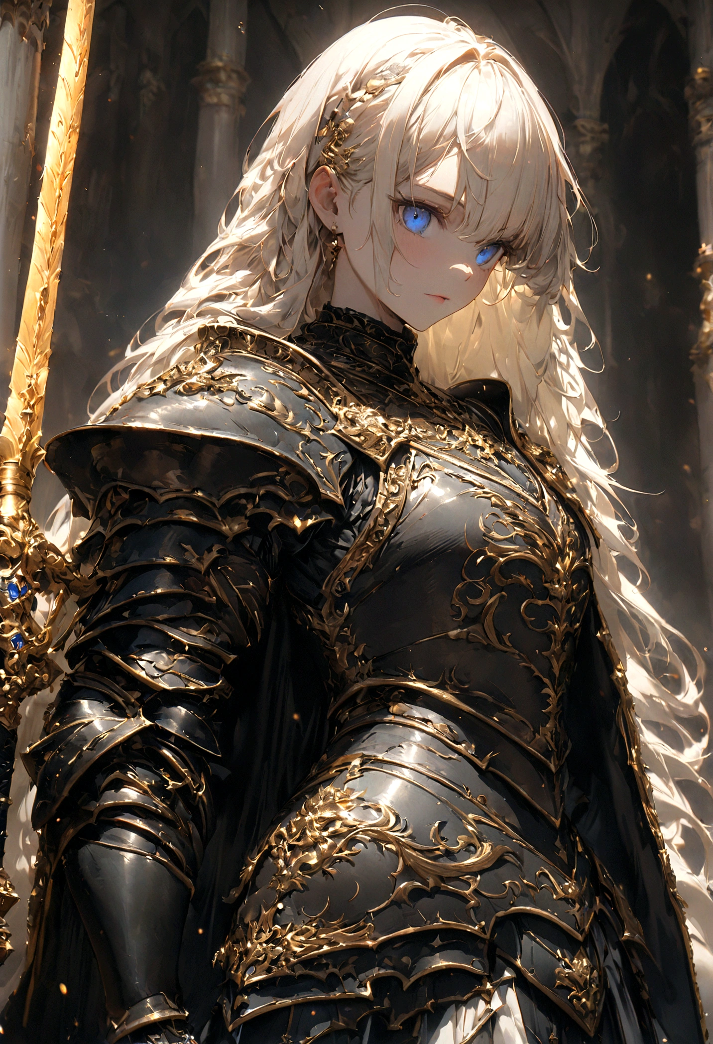 8k、Masterpiece、20Male in his 20s、White male、Blonde、blue eyeuscular body、Perfect handsome man、Royal Knights,The entire body is covered in luxurious heavy armor with gold engravings on a black enamel base.,Big knight's sword pointing towards the sky,Sports Late,Cleavage close-up,Solemn,Flat Chest,moderate,Humble,Cinematic, High resolution, original, complicated, high quality, Gorgeous shades, complicated details, Ultra-fine,OC Rendering