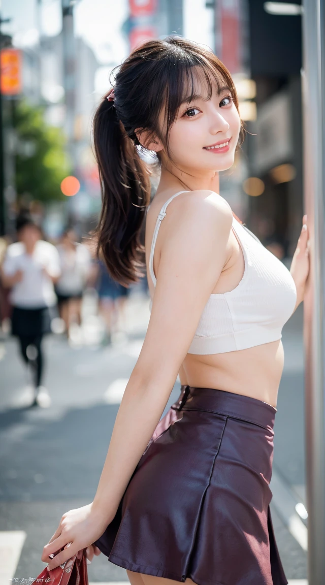 The extremely detailed CG Unity 8K Wallpapers, top-quality, ultra-detailliert, masterpiece, realisitic, photo realisitic, extremely detailed cute girl, 20-year-old, Japanese, Natural Lips, ponytail, ((skirt lift by yourself)), (Lifted by yourself), panties on, panties onフォーカス, red blush, cparted lips, looking at the viewers, Semi-body shot, (Large crowds), (in a tokyo street), (((Excitedly showing off your genitals ))), perfect bodies, perfect arms, Perfect fingers, perfect legs, perfect hair, pores, Realistic skin texture, perfect teeth, full body, (highest quality, masterpiece:1.3, ultra high resolution), (Super detailed, caustics, 8k), (photorealistic:1.4, RAW shooting), 1 girl, (look at the camera with a smile)