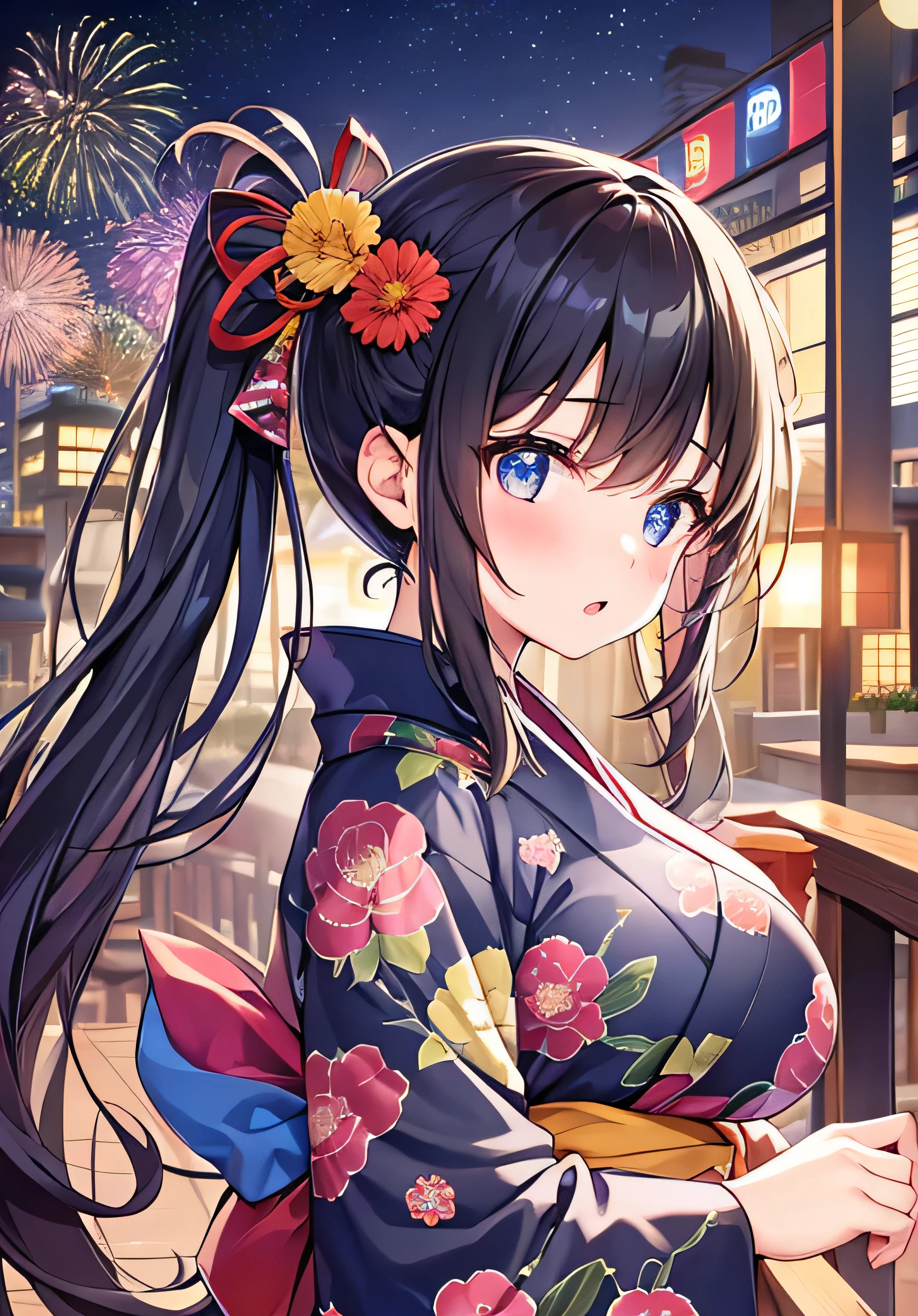 masterpiece、Highest quality、Ultra-high resolution、age girl with big breasts、twin tail hairstyle、black hair、Red face、shyly、turn around、open your mouth just a little、kimono、fireworks、at night time