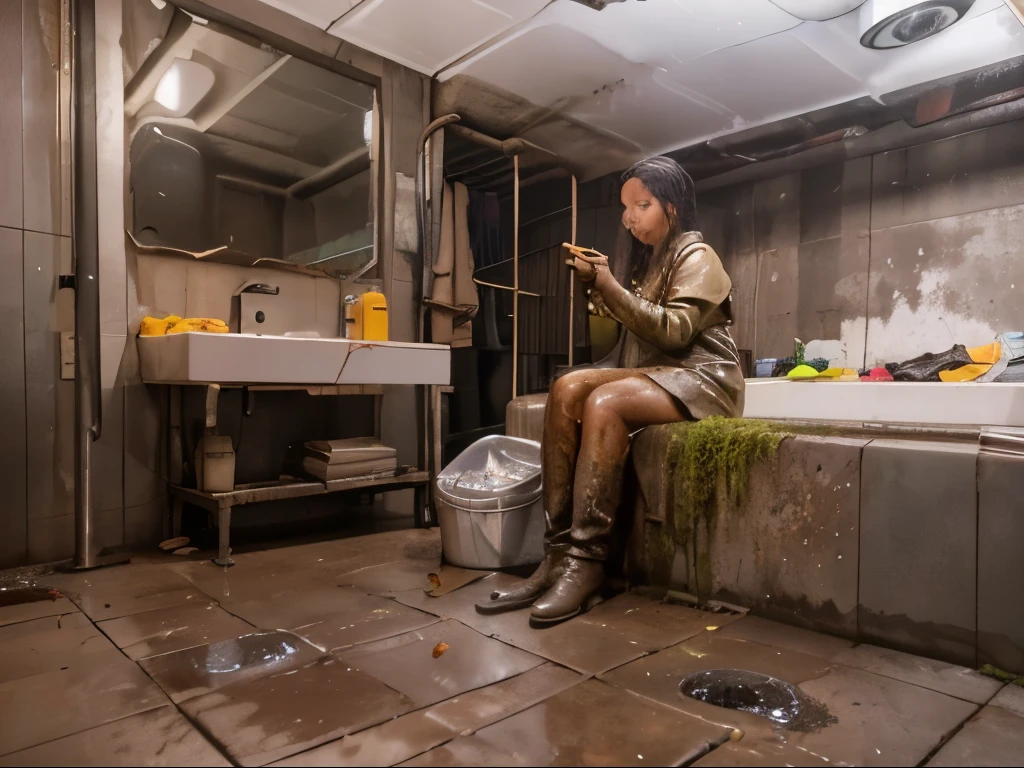 (Best quality, 8k, 32k, Masterpiece, UHD:1.2) Transform the setting of this image to the slimy sewers of New York City. The environment should be dirty, with a lot of moisture around the tunnel, capturing the gritty and grimy atmosphere typical of underground sewers.

The scene should include:

Dark, damp tunnels with wet, moss-covered walls.
Pools of stagnant water on the ground, with visible slime and muck.
Rusty pipes and grates, with water dripping from them.
Trash and debris scattered around, including discarded cans, bottles, and miscellaneous waste.
Flickering, dim lighting from occasional, grimy overhead lamps.
The lighting should be dynamic, with strong contrasts and shadows that accentuate the grimy textures and the wet surfaces. Highlight the reflections on the moist ground and walls, creating a dark and eerie atmosphere.

Ensure the scene captures the dirty, slimy, and damp conditions of the sewers, providing a detailed and immersive backdrop that reflects the underbelly of New York City.