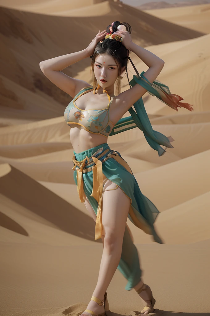 best quality, 8k, highly detailed face and skin texture, high resolution, big tits chinese girl in dunhuang costume dancing in desert, full body, sharp focus
