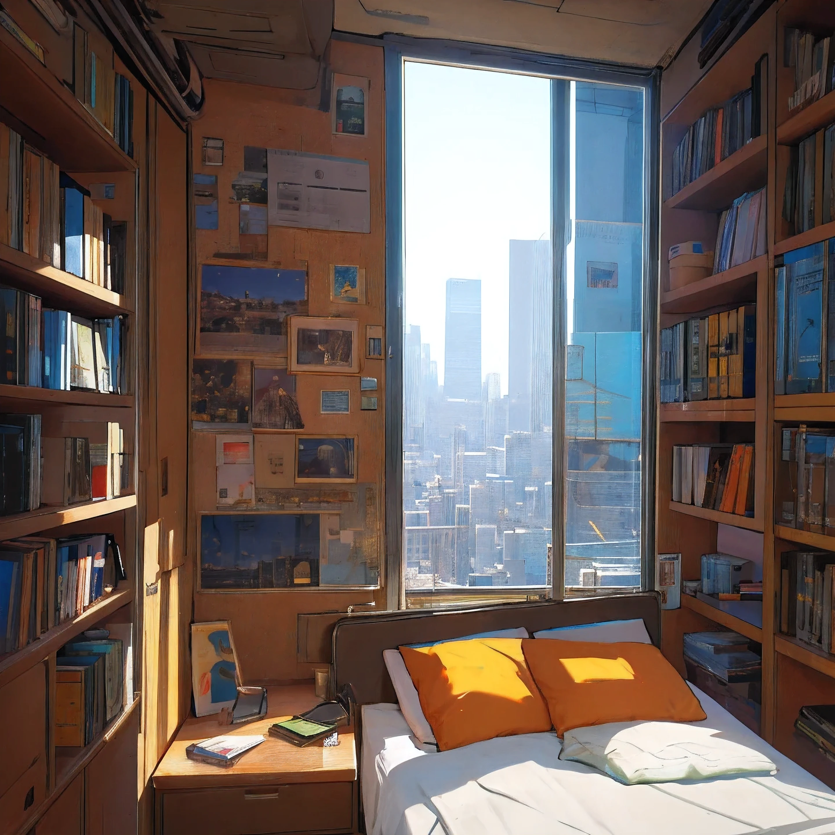 80s atmosphere, Big city view from the bedroom window, cyber punk, praise, A room with books and a tidy bed, Lots of details, 8k, Detailed Images, highest quality