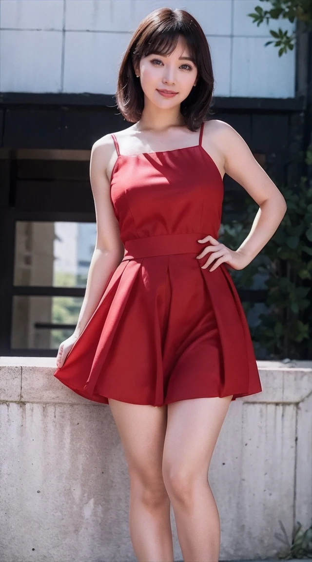 become close,Sharp lines,highest quality, masterpiece、Night Parking、Dark Light、Canon Photo Crystal Clear ,（Realistically:1.2）, (Crimson and gold striped mini skirt dress)、Action pose、Take a full body photo、Lazy smile、Gorgeous appearance、Bobcut