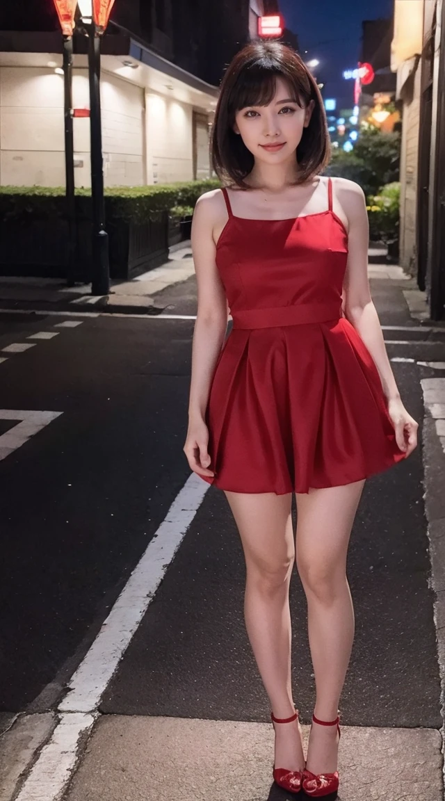 become close,Sharp lines,highest quality, masterpiece、Night Parking、Dark Light、Canon Photo Crystal Clear ,(Realistically:1.2), (Crimson and gold striped mini skirt dress)、Action pose、Take a full body photo、Lazy smile、Gorgeous appearance、Bobcut