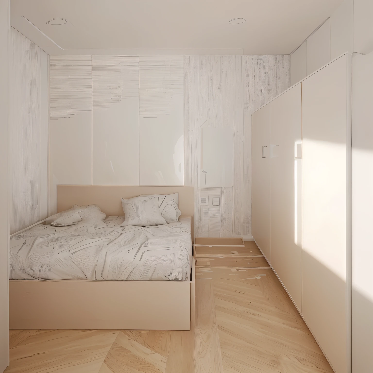 a photo of a bedroom with a bed and a closet, inside of a bedroom, minimalist line drawing, line art - n 9, bed on the right, interior of a small room, minimalist line art, dim bedroom, an interior of room, line - art, crisp 8 k line art, one-line drawing, one - line drawing, line sketch, line drawing