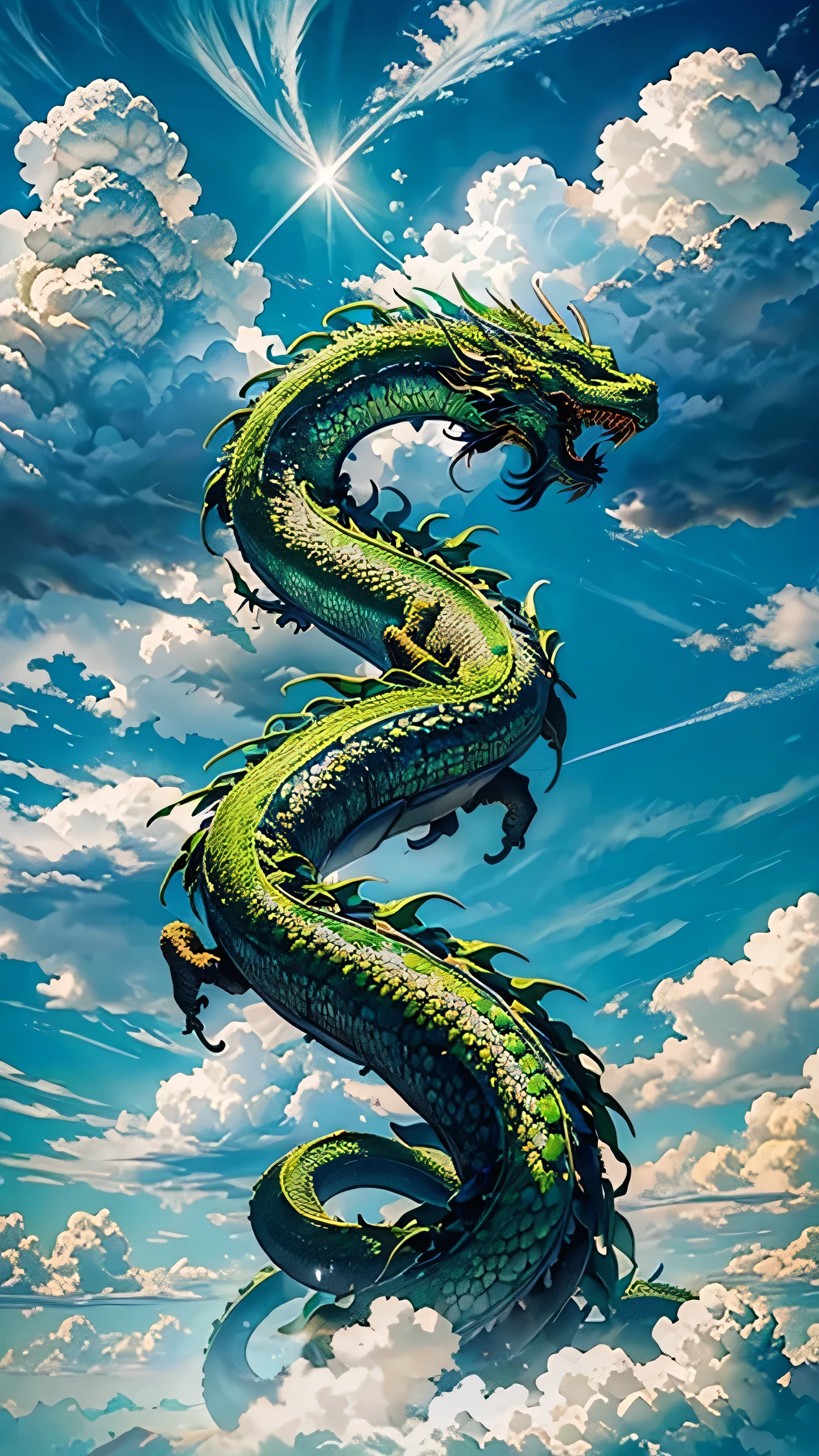 A huge green sacred Chinese dragon, cumulonimbus clouds floating in the blue summer sky, realistic,