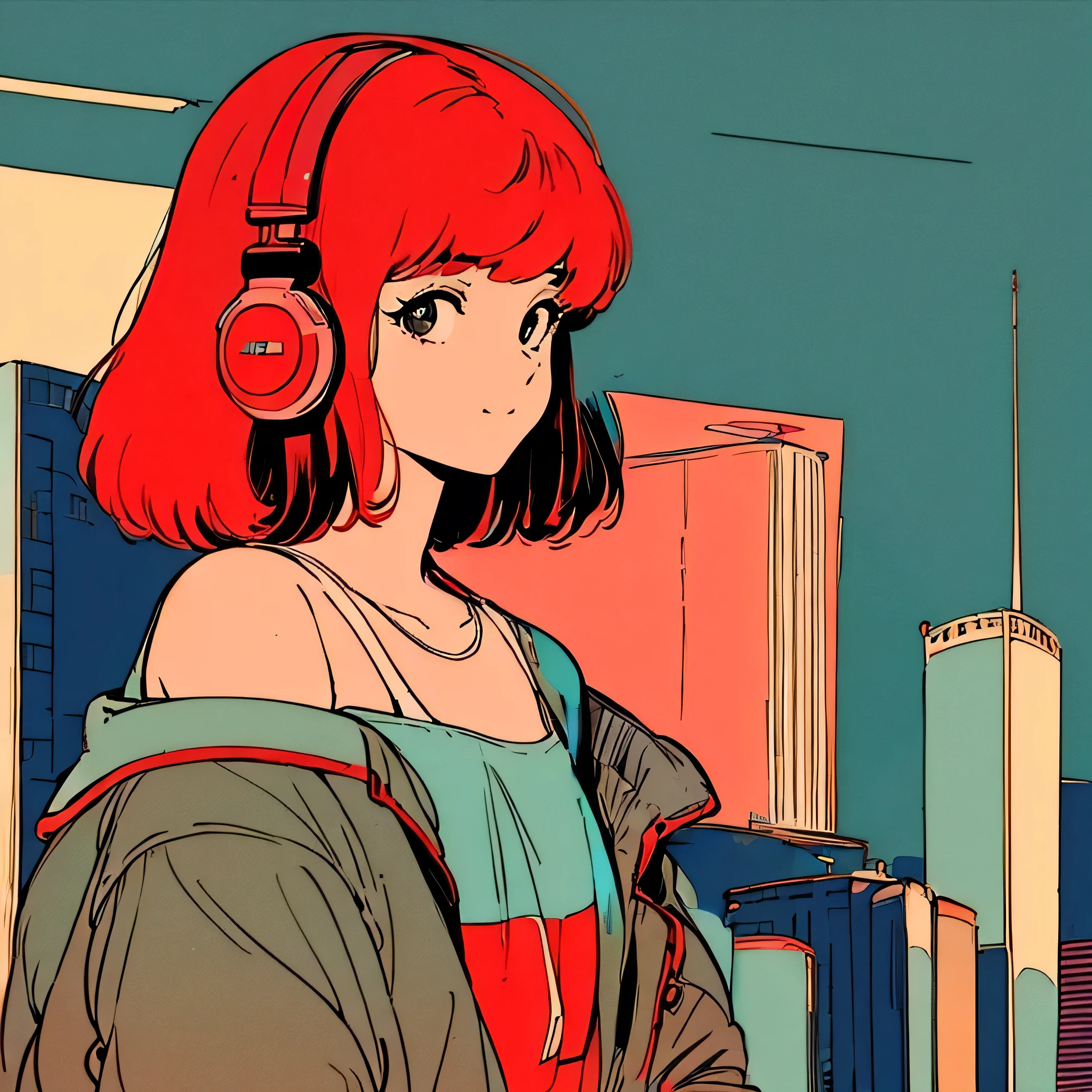 master piece, City Pop style, Black Hair, Japanese, fluffy bob cut, wearing headphones, shoulder length, alone, Futuristic, yet, lofi, retro, vintage, light smile