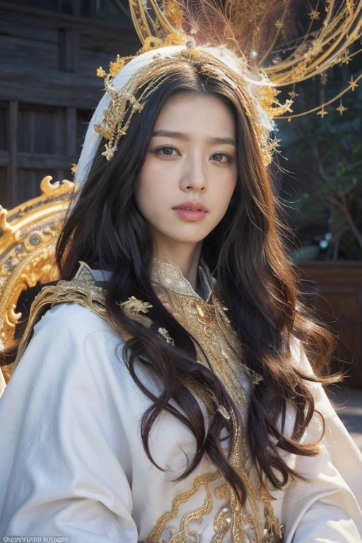 (masterpiece, Top quality, best quality, Official Art, beautiful and aesthetic:1.2), (1 Girl), Extremely detailed eyes, (Fractal Art:1.3), rich and colorful, The most detailed, (Perfect face), shiny skin, HDR, (white cloak golden lines:1.2), galaxy, (Light streaks), Eye-Catching Visuals, (Dynamic Stripes, Luminous trails:1.2), Vibrant colors, (Phoenix), (dragon)
