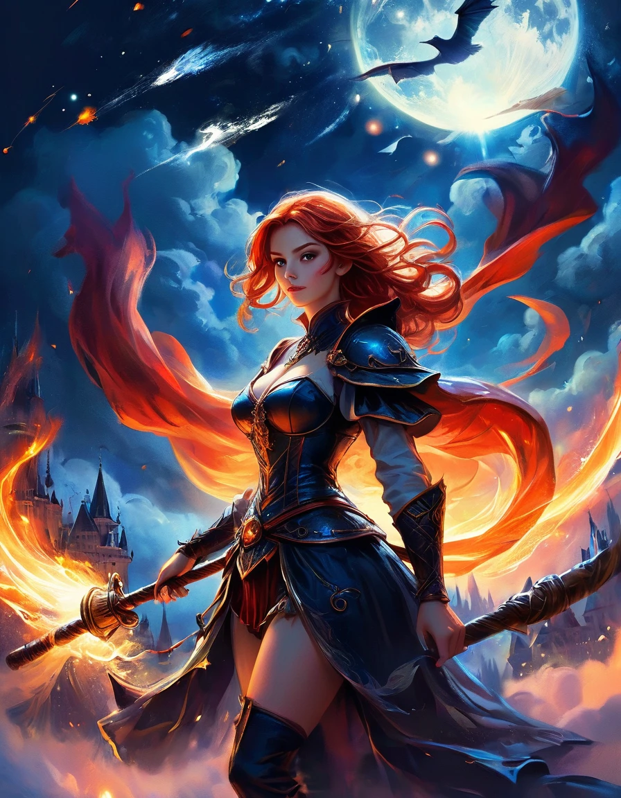 Beautiful red-haired witch riding a magic broom, floating in the air, with light shining around her, from the tip of the broom emits sparkling light, fiery red, shadow, medieval fantasy, high contrast color, lithography, 80s role-playing game cover art, noise, masterpiece, high quality, cinematic atmosphere, night sky filled with stars, moon emitting silvery light, dramatic lighting, magical sparks and embers in the air, witch soaring above the clouds, her broom trailing an ethereal light, an enchanting and powerful presence.