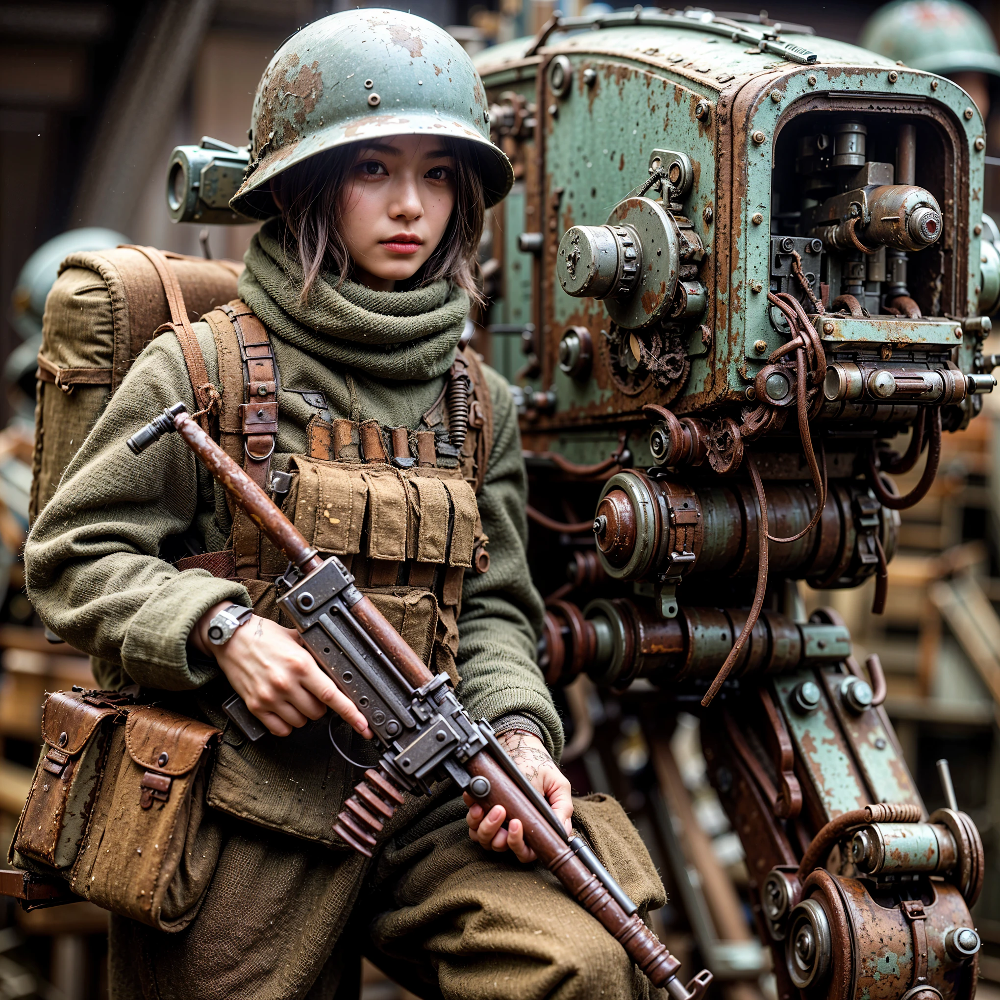 ((super intricate all details)),((super realistic all textures)),Overall photo of a female soldier sitting on a piece of fictional WWII Japanese military type weapon, beautiful face, dirty clothes, very intricate details, olive drab paint, peeling paint, weathering, rust, taken with Fuji film X-T30+Nokton. HDR10