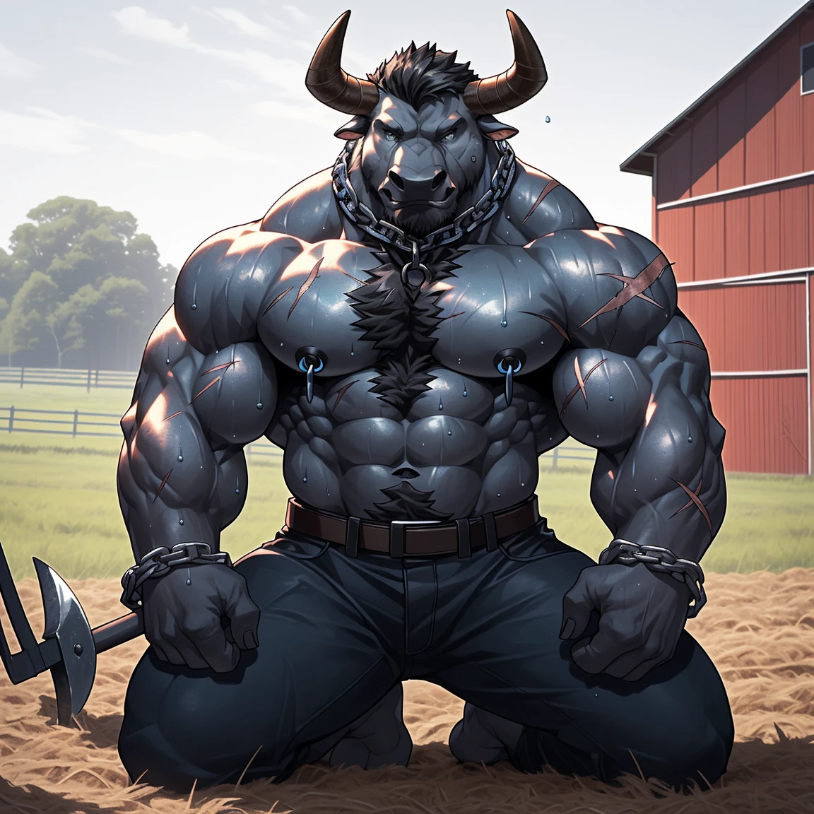 Sweaty, muscular, topless, kneeling in a farm field during the day, holding farm tools and tilling the land, anthropomorphic chest hair, serious face(Scar on face) Mature (Blue eyes)Huge muscular, ripped abs, wild, wearing nipple rings and collars, prisoners, collars linked to chains, ambitious, sweaty black bull