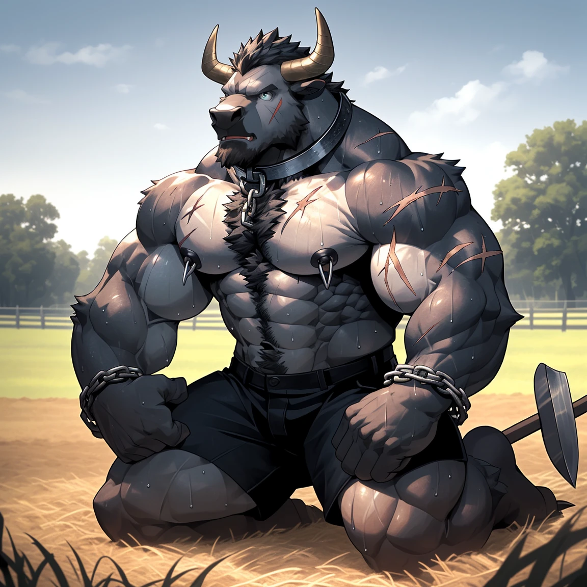 Sweaty, muscular, topless, kneeling in a farm field during the day, holding farm tools and tilling the land, anthropomorphic chest hair, serious face（Scar on face） Mature （Blue eyes）Huge muscular, ripped abs, wild, wearing nipple rings and collars, prisoners, collars linked to chains, ambitious, sweaty black bull