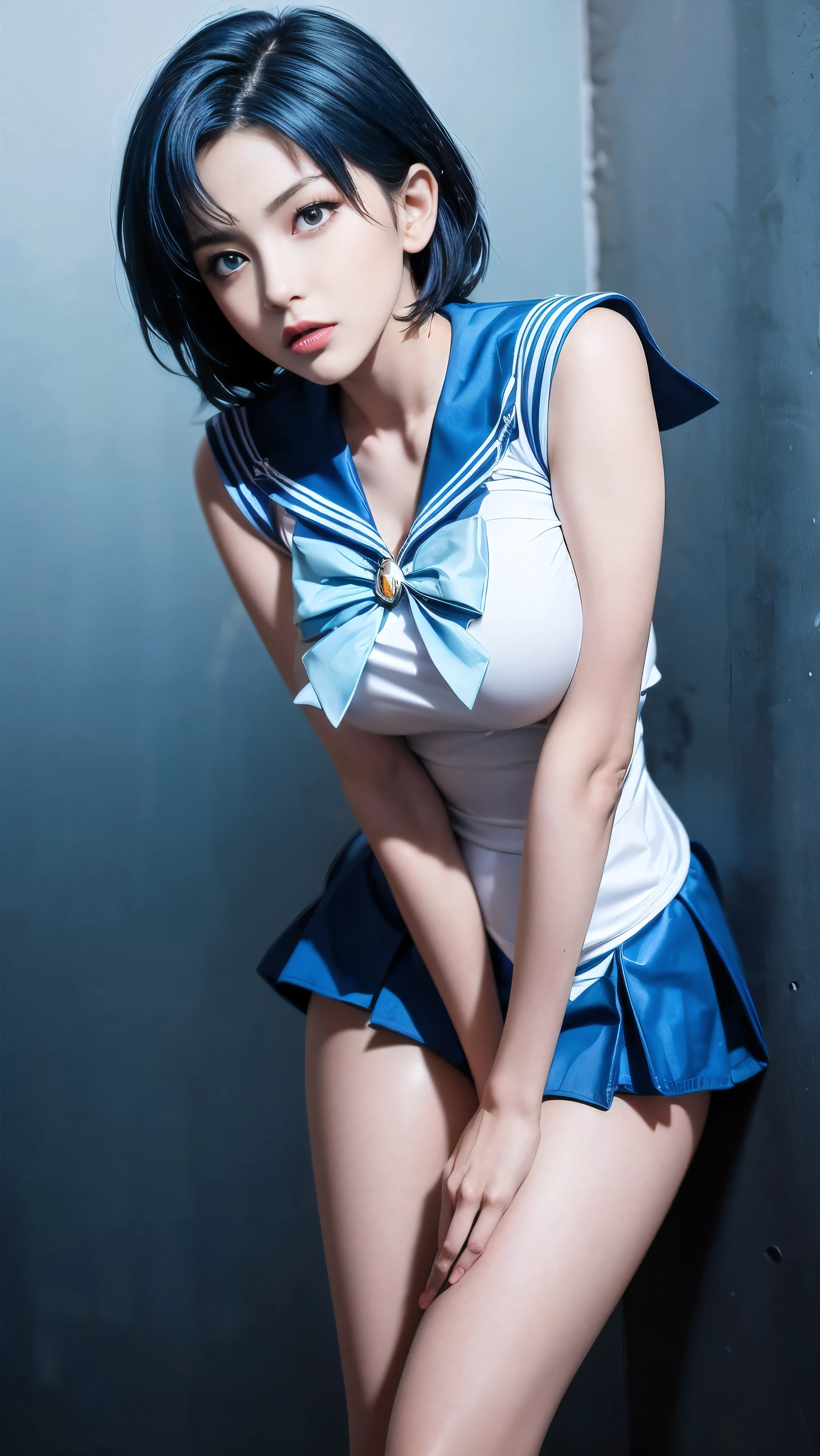 short blue dyed hair!!!!!, Must have short blue hair. anime girl in a sailor suit and blue boots and blue short skirt”, high resolution!! sailor moon by the - moon - girl, the sailor Mercury. beautiful, by Sailor Moon, extremely detailed artgerm, Height is 168, I have big breasts. Innocent,, Very beautiful,