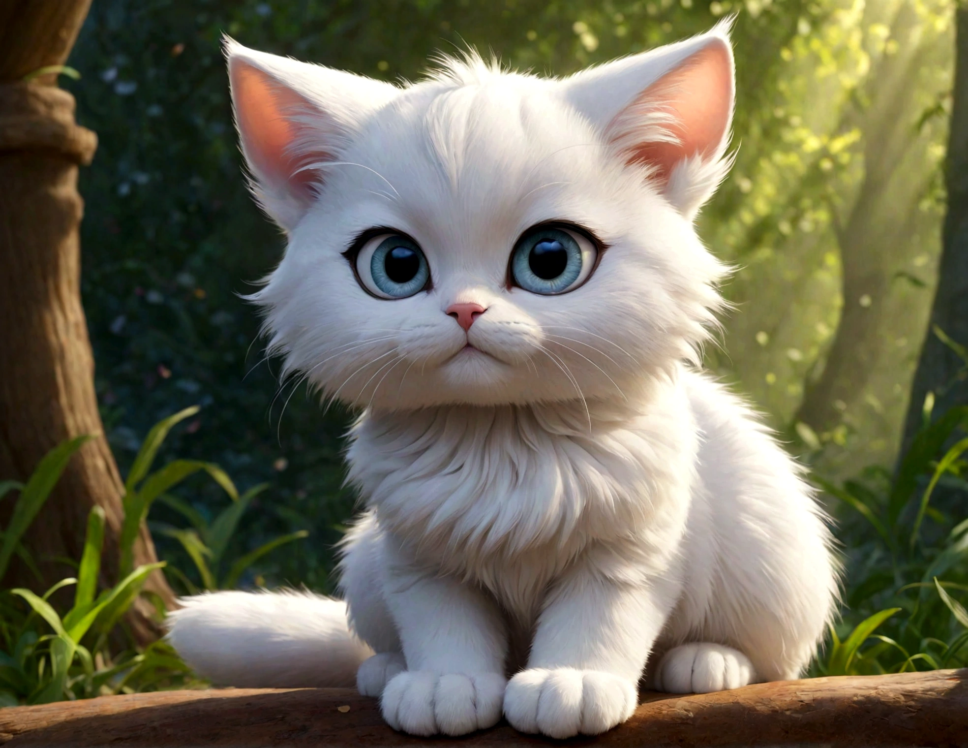 the cat is sitting, Sora like a cat, lovely digital painting, Disney's white Bambi cat, anime visual of Cute cat, pixar 제작, Erin Hunter, Anatoh Pinstak. pixar, very realistic, White cat, realistic animated cat, sad cat, White cat, very very realistic, Cute cat, big eyes