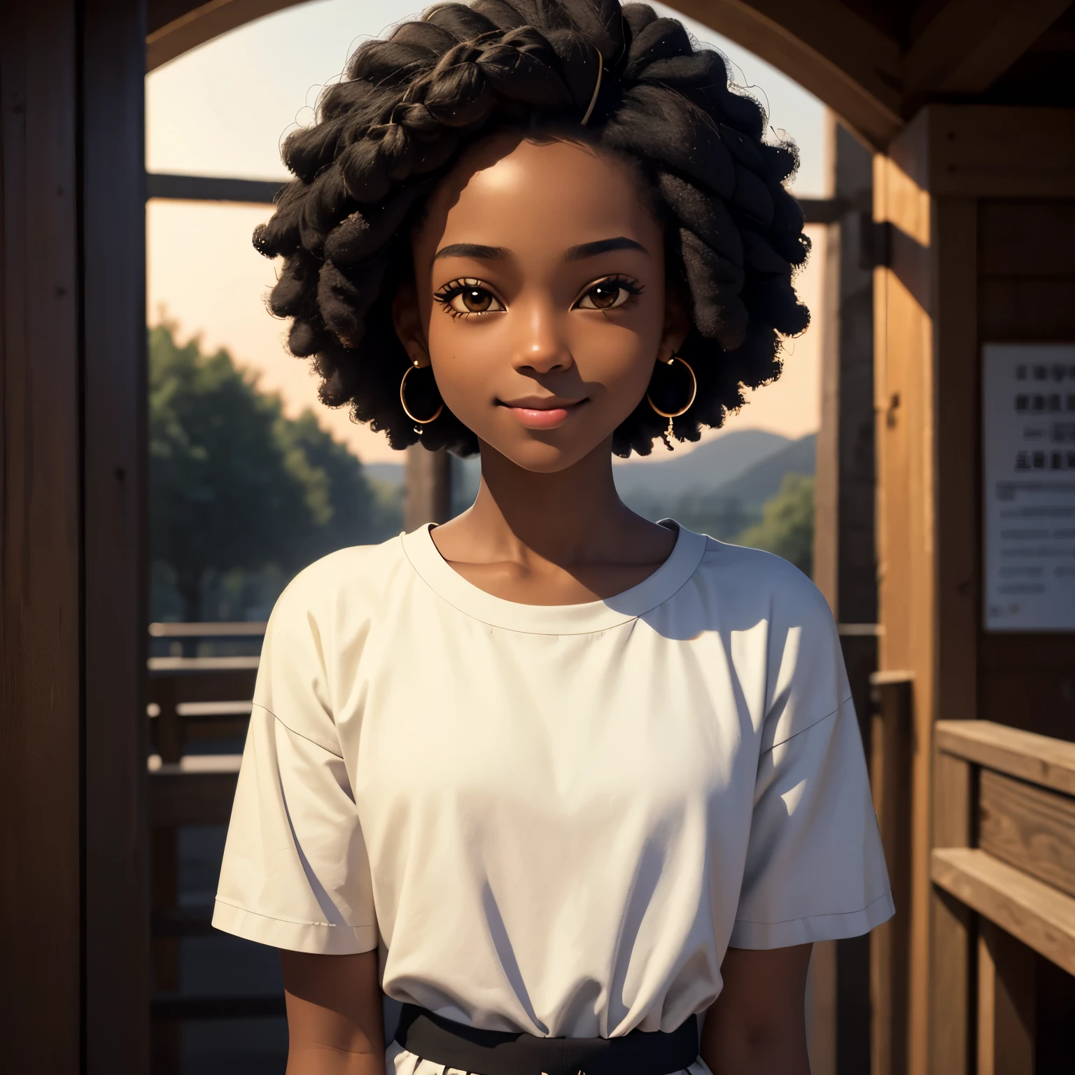 masterpiece, best quality), deep ebony 1girl, beautiful face, short Afro braids , cute, , beautify, Lofi vibe,, cute night vibe, concentrated, hands outside of the picture, Christian ,church vibe , smart clothing, cute look, clothing is dry and baggy, small breasts, teen vibe, cute smile, 