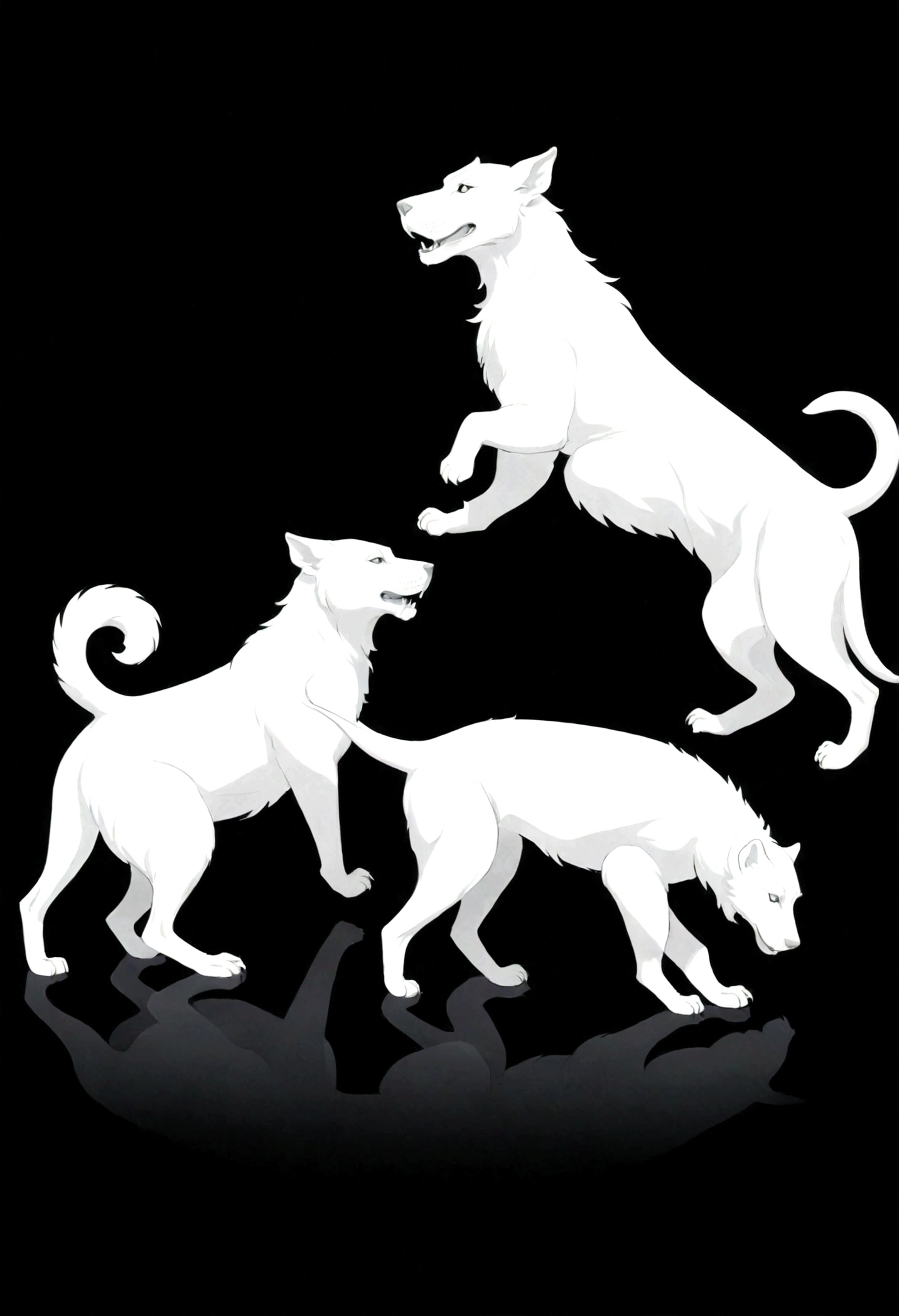 White silhouette design of a single Cerberus，Black Background，Beautiful silhouette，looking at the camera，Biologically correct