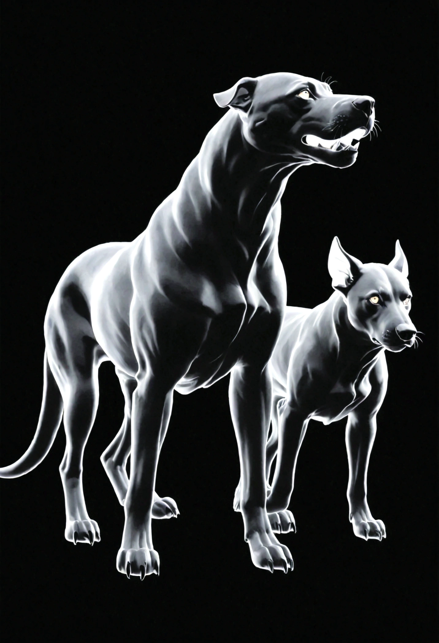 White silhouette design of a single Cerberus,Black Background,Beautiful silhouette,looking at the camera,Biologically correct