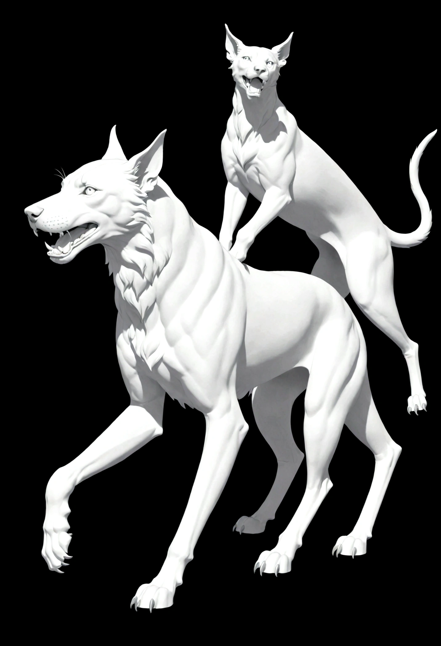 White silhouette design of a single Cerberus，Black Background，Beautiful silhouette，looking at the camera，Biologically correct