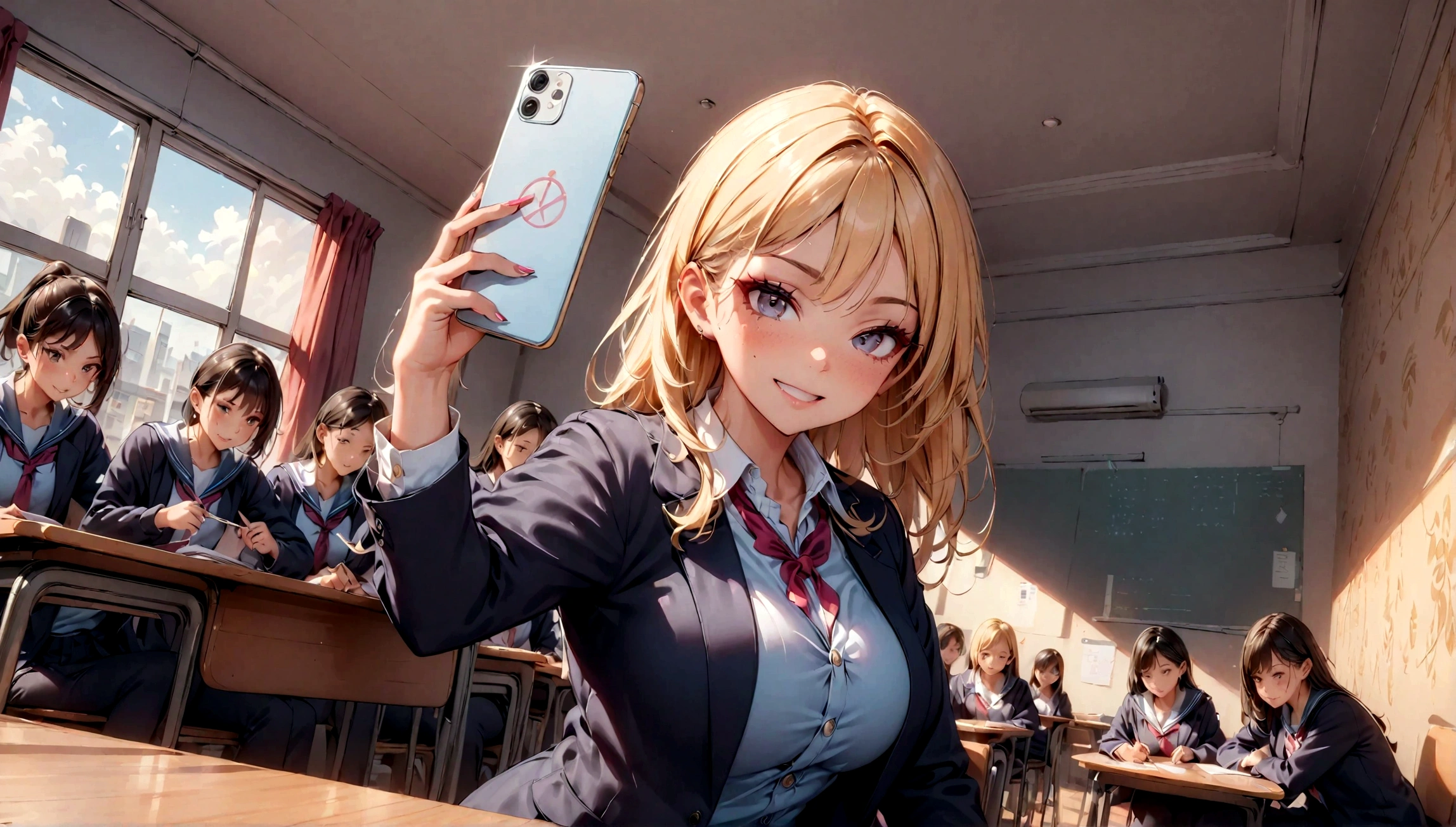 ((many students:1.8) are sit and taking the exam:1.6), (1female\(silly,smile,flashy makeup,JK,gyaru peace sign,blonde,dynamic pose\) gal taking selfie of herself taking the exam),teacher is mad at her, BREAK ,quality\(8k,wallpaper of extremely detailed CG unit, ​masterpiece,hight resolution,top-quality,top-quality real texture skin,hyper realisitic,increase the resolution,RAW photos,best qualtiy,highly detailed,the wallpaper,cinematic lighting,ray trace,golden ratio\),(long shot:1.2),dynamic angle