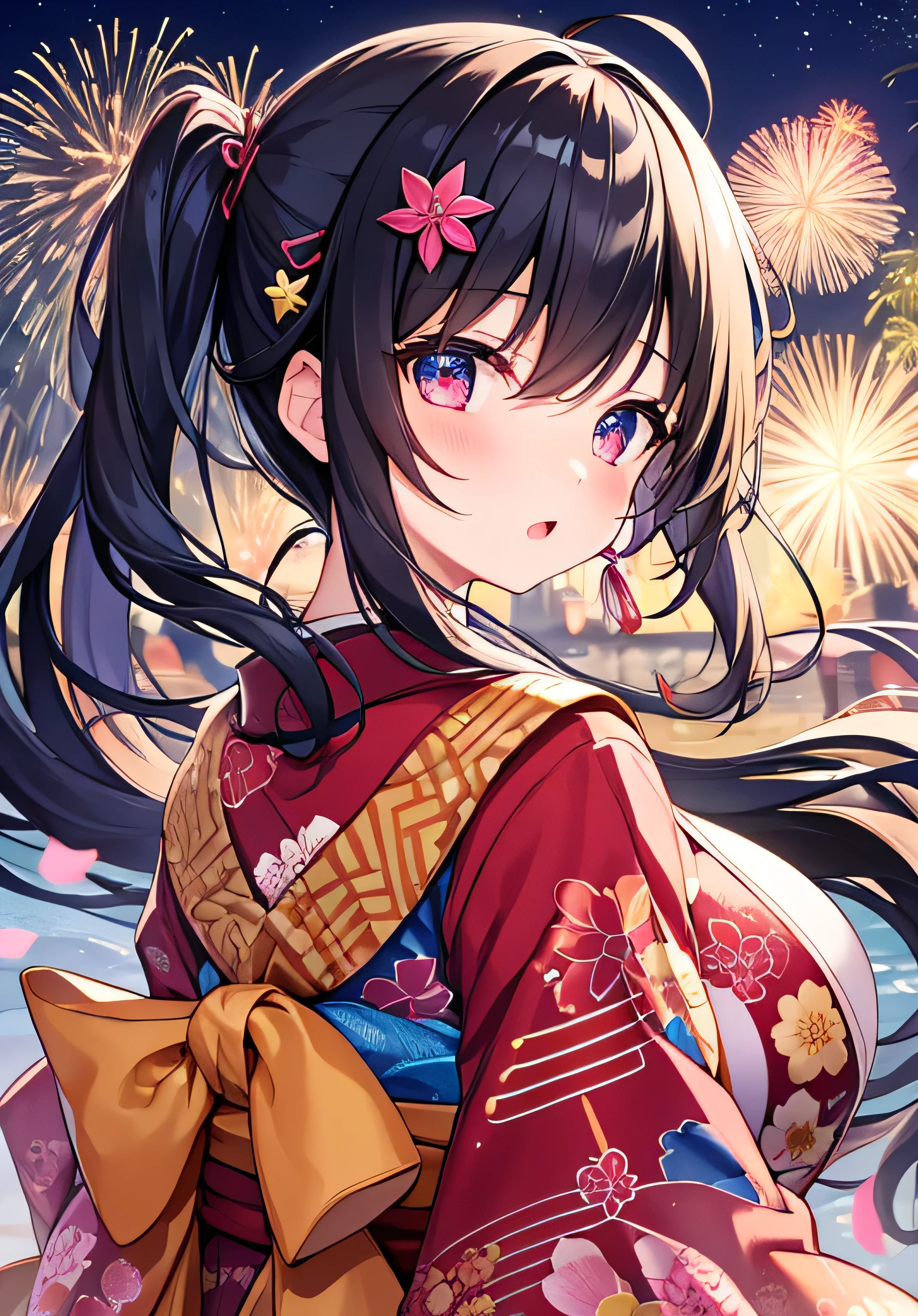 masterpiece、Highest quality、Ultra-high resolution、 girl with big breasts、twin tail hairstyle、black hair、Red face、shyly、turn around、open your mouth just a little、kimono、fireworks、at night time