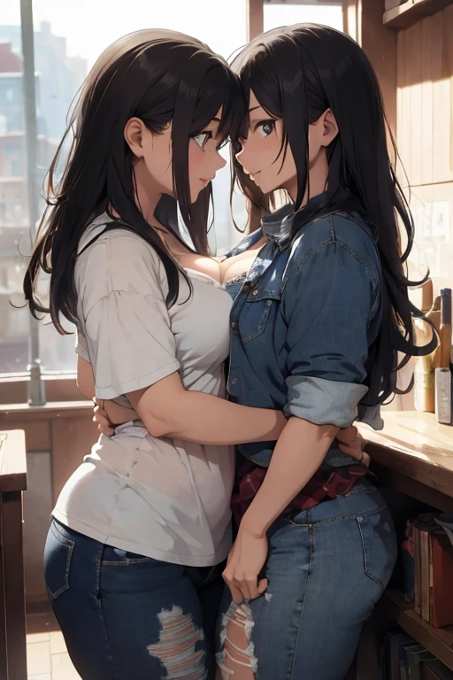 ((best quality)), ((masterpiece)), (detailed), 2 lesbian, curvy, hot girls in ripped jeans kissing each other