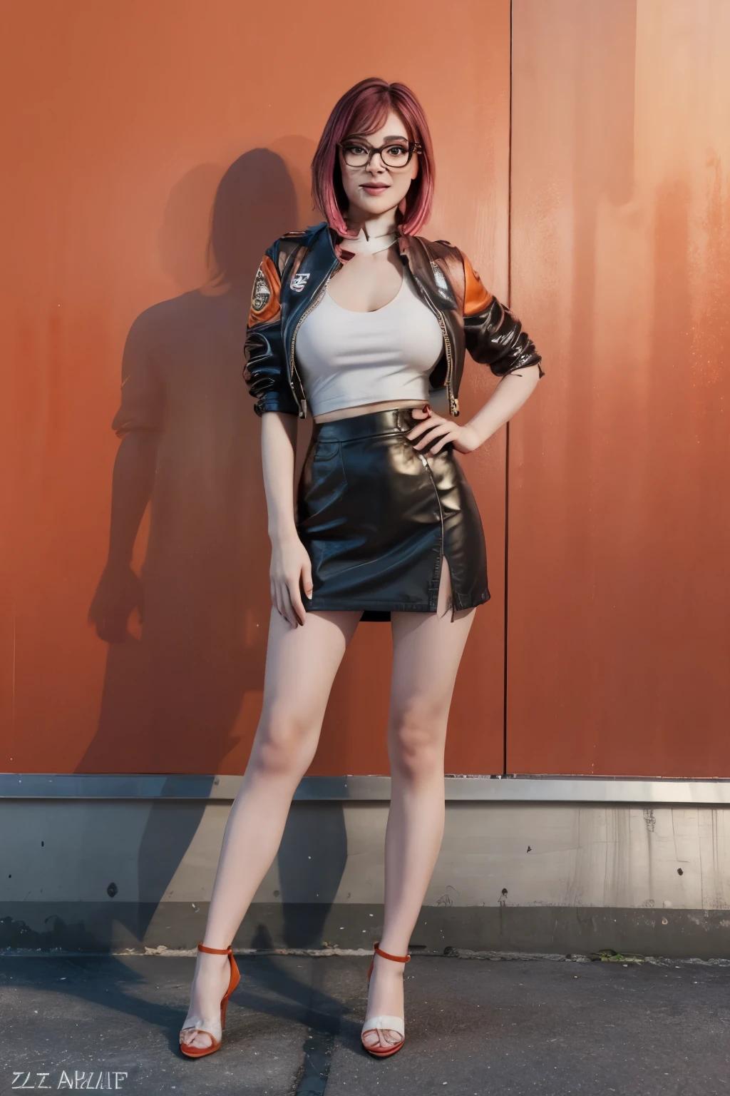 (masterpiece), (best quality), standing, (alone), looking at viewer, highly detailed, extremely detailed, cyberpunk Night, thin eyes, smile, dynamic pose, short pink hair, cap, loose black v-neck t-shirt V, jacket, fingerless glove, curves, glasses,(gray leggings),(portrait:1.2), A masterpiece quality, ultra-detailed, high quality, high resolution full-body photogenic shot of a woman standing on a tiled sidewalk in front of an orange and red background. She has long, wavy brown hair with bangs covering her forehead. She has brown eyes and is wearing a brown, long-sleeved, semi-transparent top with a high neckline. The top has intricate details and she is also wearing a long, form-fitting brown skirt. She is wearing white high-heeled shoes. The scene is set against a backdrop with red and orange tones, featuring vertical and horizontal patterns. ((high-resolution)), ((detailed outfit)), (urban background), (elegant posture), (intricate top), (brown skirt), (white high heels)