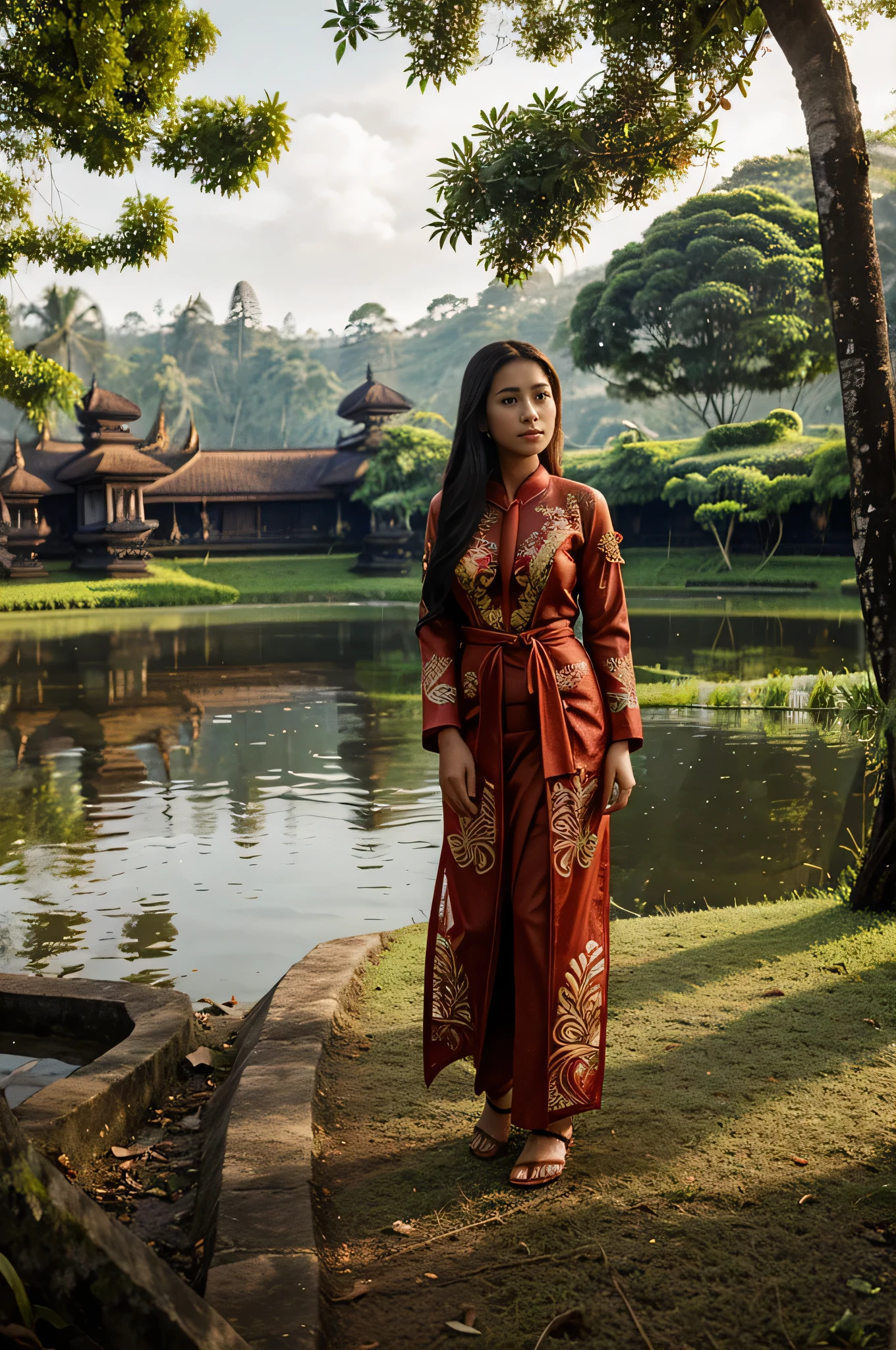 Woman standing wearing red ((Balinese kebaya)), a lake background, long dark hair, 