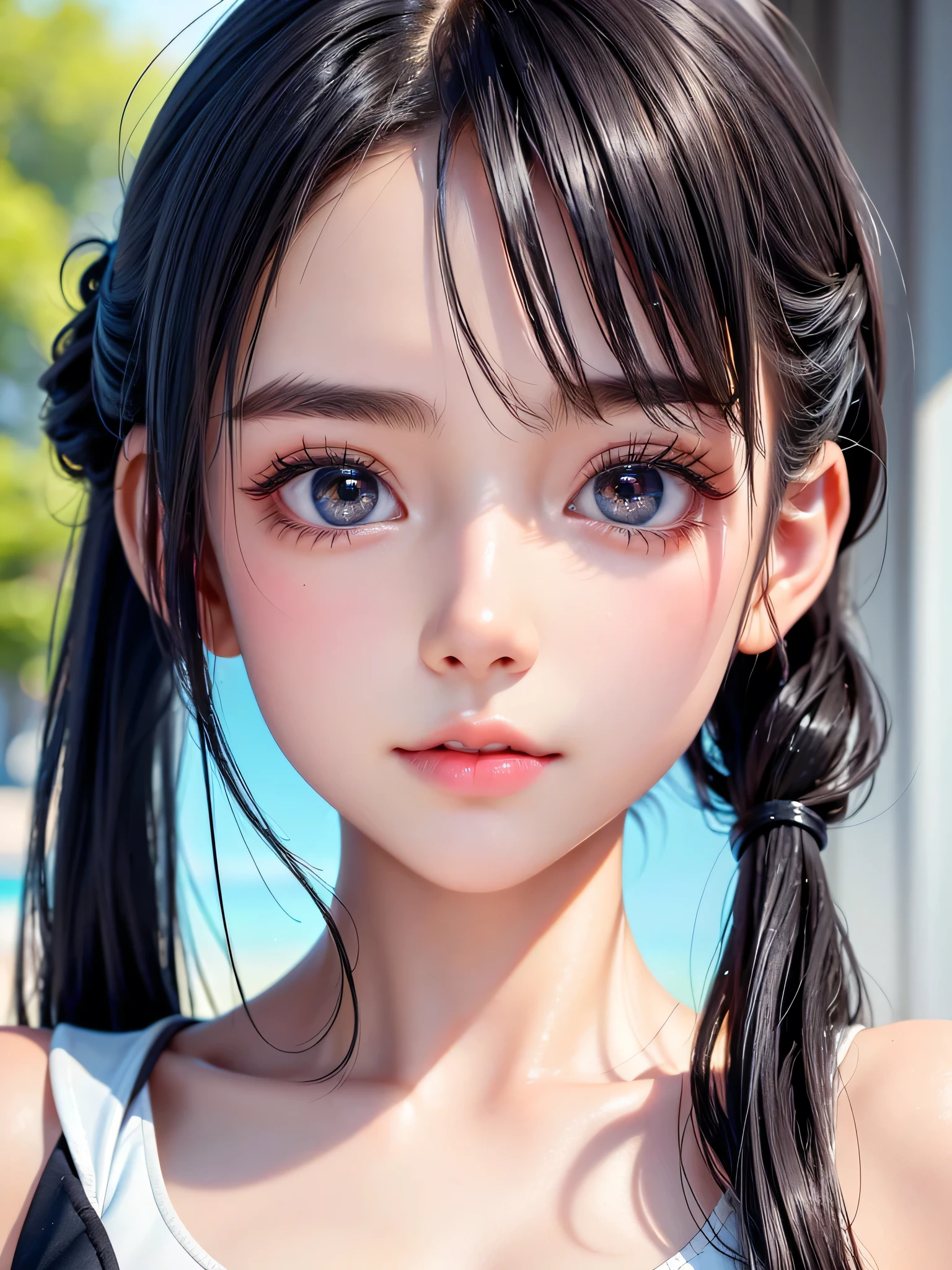 One Girl,Very cute girl at 15 years old,Big eyes,The face is facing straight ahead,Body facing forward,Beautiful nose,Fuller lips,Short black hair,ponytail,Detailed eyelashes,Thin eyebrows,Symmetrical eyes,Face close-up,White swimsuit,Portrait,View Viewer