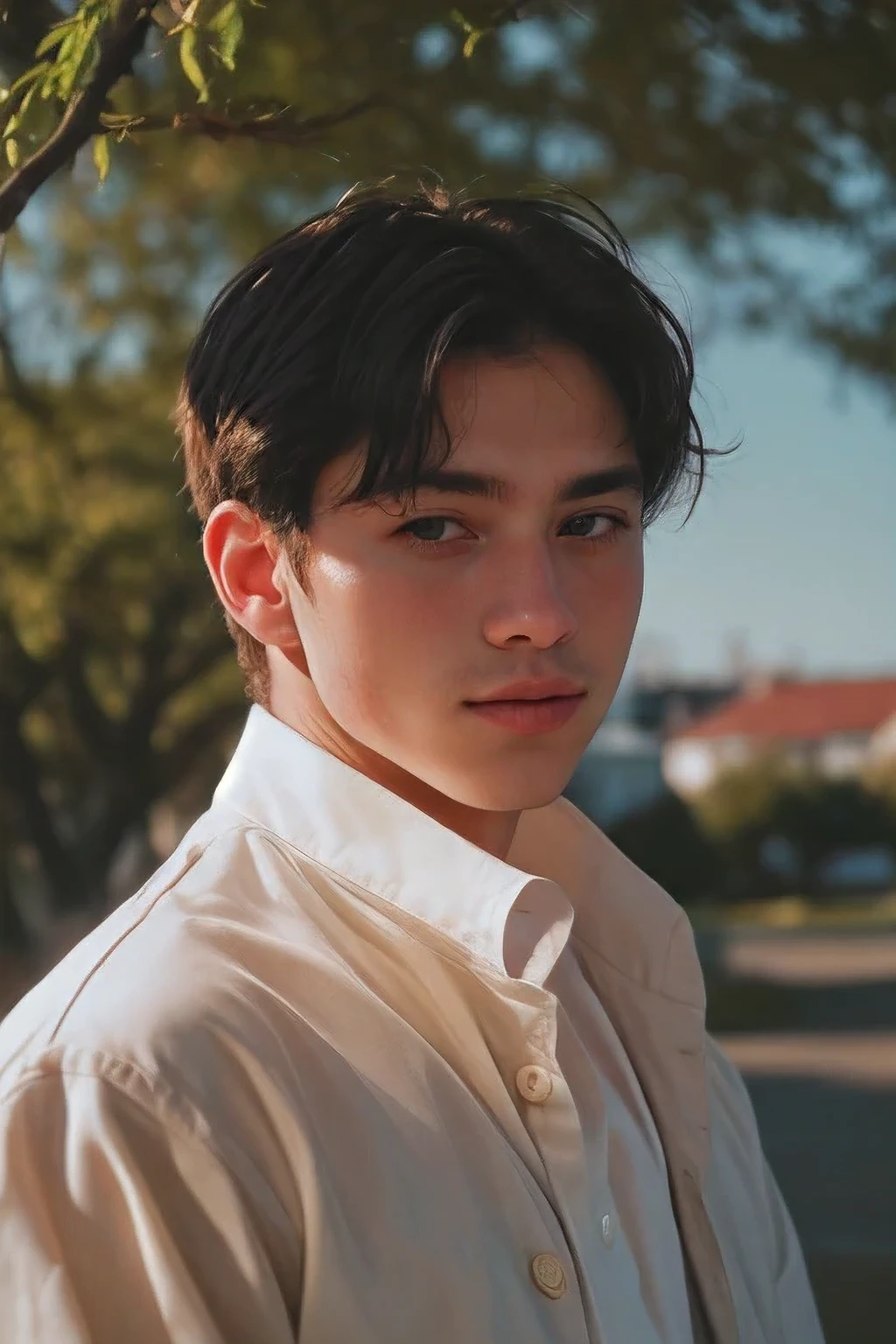 Handsome Men Portrait, shot on leica, shadowplay, gorgeous lighting, subtle pastel hues, outdoors ,solo