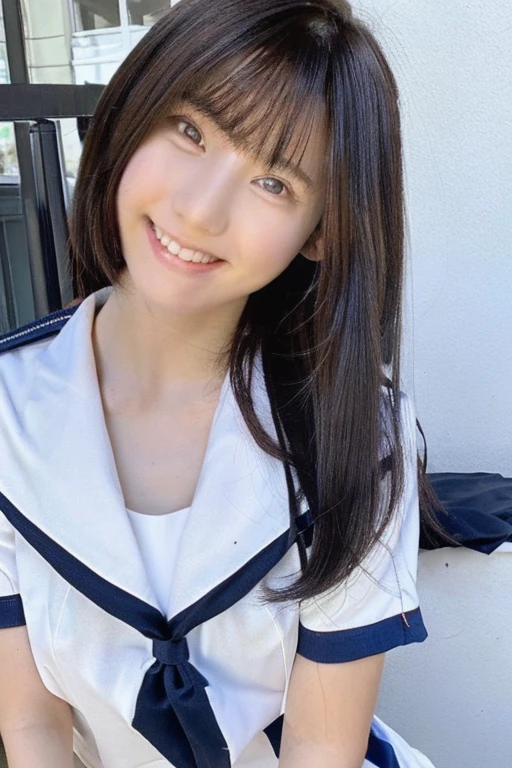 girl looking at viewer smile whole body Sailor suit slender Very long black hair Strong winds, summer sun Active pose