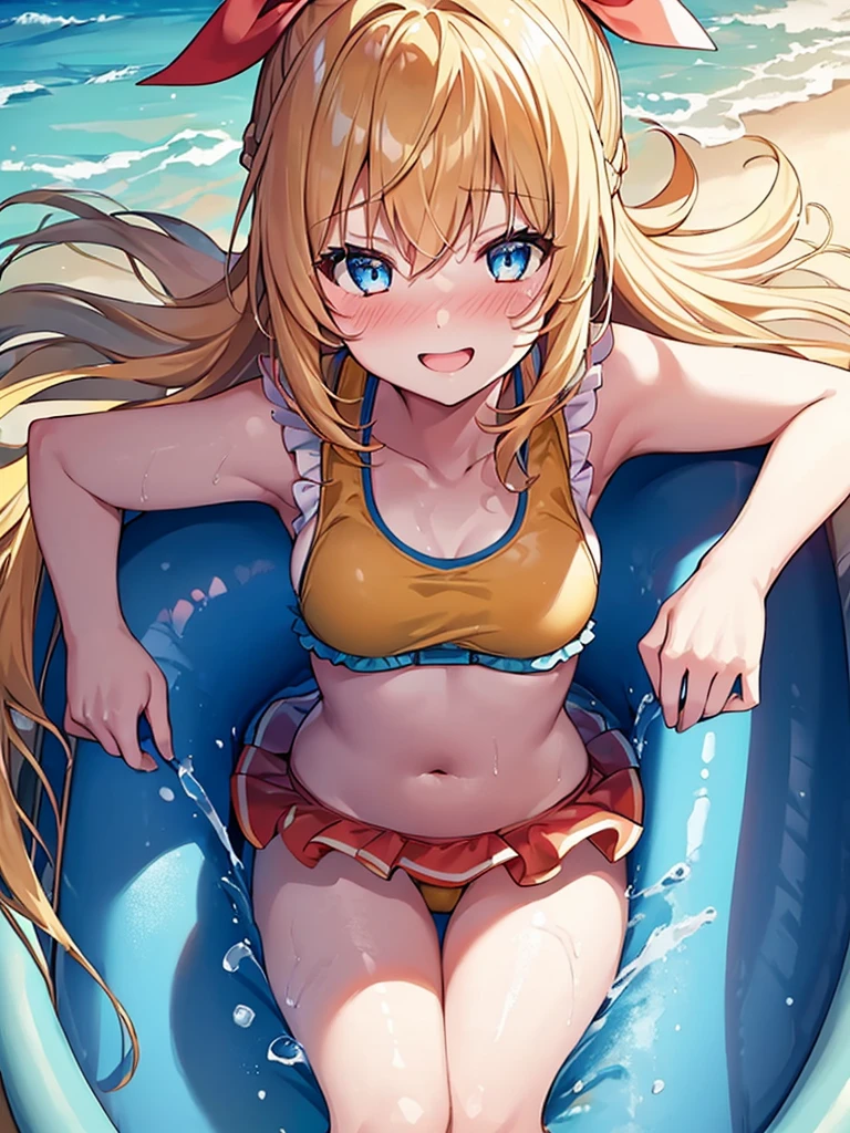 1girl, , happily playing on a water-slide, sitting on the slide, wearing life vest,　inflatable vest, frilled bikini, blond-yellow hair, long hair, wind, Blue eyes, not safe for work, big laughing smile, red blush, big hair ribbon, twinkle in the eye, small breasts, 14-yo, splash,