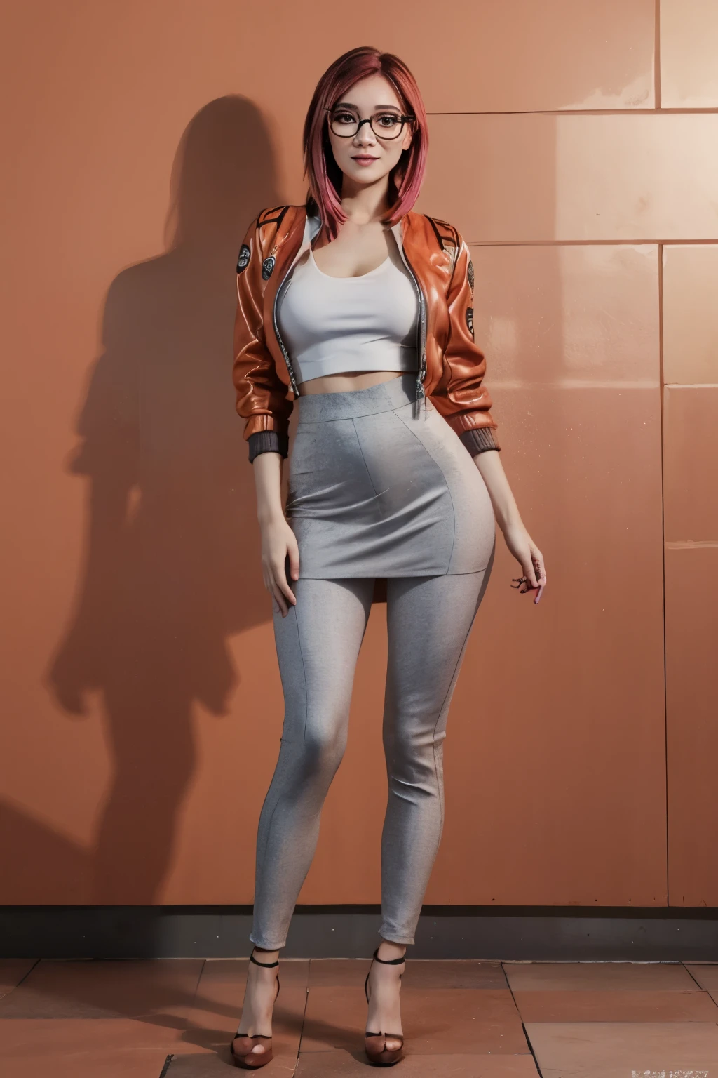 (masterpiece), (best quality), standing, (alone), looking at viewer, highly detailed, extremely detailed, cyberpunk Night, thin eyes, smile, dynamic pose, short pink hair, cap, loose black v-neck t-shirt V, jacket, fingerless glove, curves, glasses,(gray leggings),(portrait:1.2), A masterpiece quality, ultra-detailed, high quality, high resolution full-body photogenic shot of a woman standing on a tiled sidewalk in front of an orange and red background. She has long, wavy brown hair with bangs covering her forehead. She has brown eyes and is wearing a brown, long-sleeved, semi-transparent top with a high neckline. The top has intricate details and she is also wearing a long, form-fitting brown skirt. She is wearing white high-heeled shoes. The scene is set against a backdrop with red and orange tones, featuring vertical and horizontal patterns. ((high-resolution)), ((detailed outfit)), (urban background), (elegant posture), (intricate top), (brown skirt), (white high heels)
