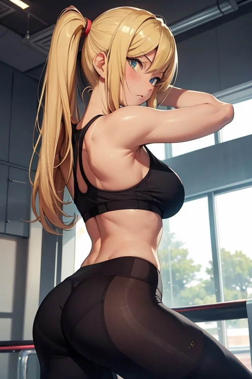 Samus Aran changing out of her yoga tights after a sweaty workout