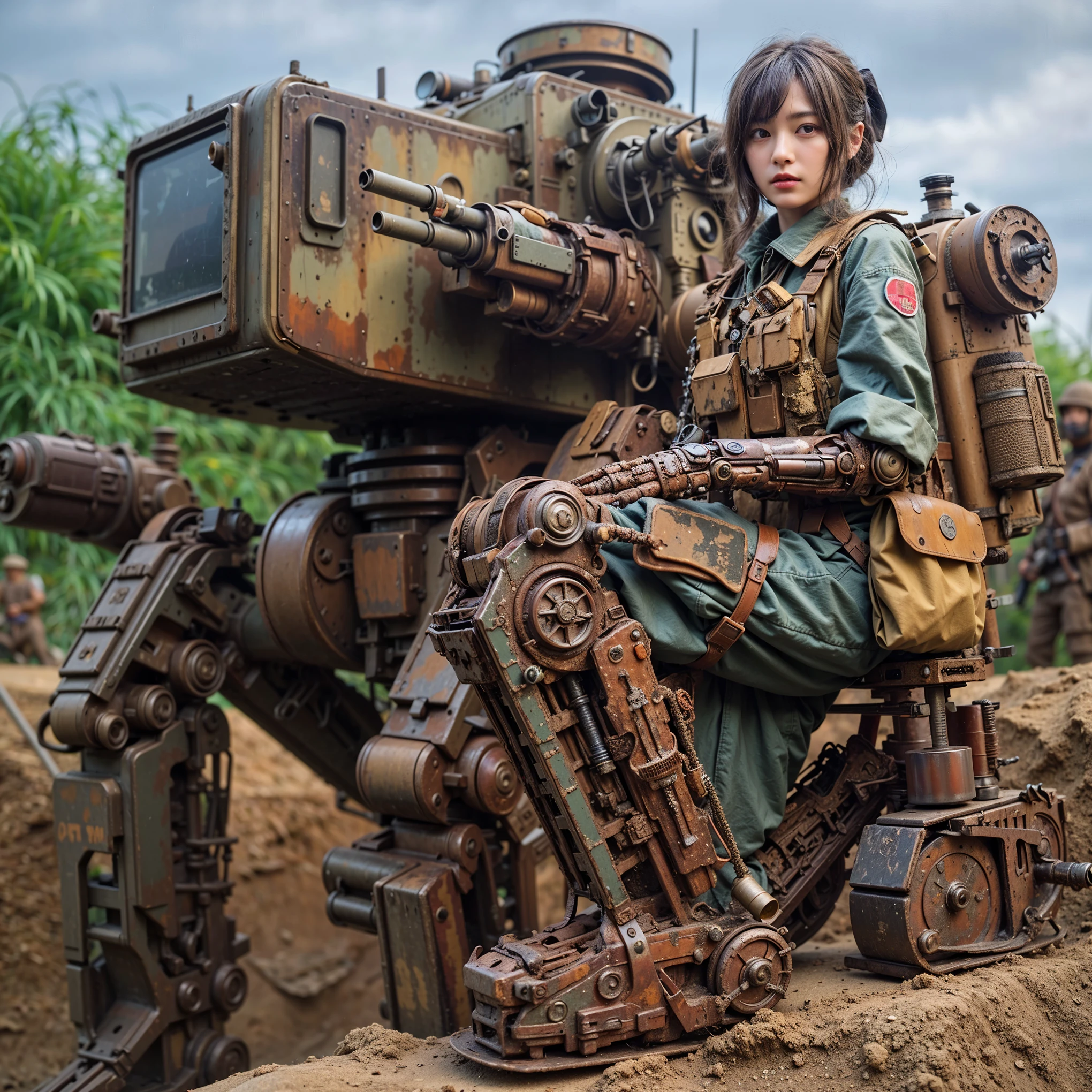 ((super intricate all details)),((super realistic all textures)),Overall photo of a female soldier sitting on a piece of fictional WWII Japanese military type weapon, beautiful face, dirty clothes, very intricate details, olive drab paint, peeling paint, weathering, rust, taken with Fuji film X-T30+Nokton. HDR10
