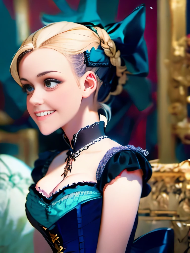 arafed woman in a blue dress with a bow and a white blouse, a character portrait by Louise Catherine Breslau, trending on cgsociety, rococo, in victorian aristocrat, a beautiful victorian woman, intricate victorian dress, with victorian clothing, cyan corset, victorian style costume, gorgeous portrait, blue corset, ornately dressed, victorian blue dress