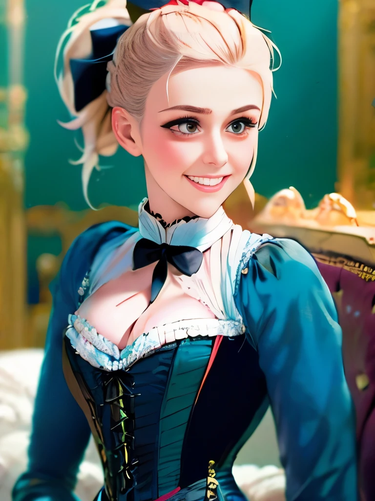 arafed woman in a blue dress with a bow and a white blouse, a character portrait by Louise Catherine Breslau, trending on cgsociety, rococo, in victorian aristocrat, a beautiful victorian woman, intricate victorian dress, with victorian clothing, cyan corset, victorian style costume, gorgeous portrait, blue corset, ornately dressed, victorian blue dress