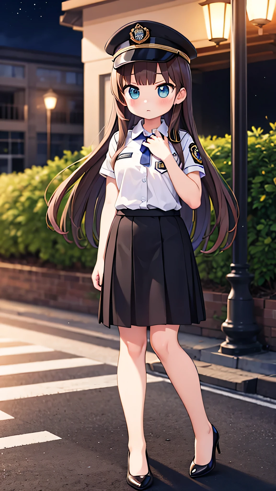 masterpiece, {highest quality], [Super beautiful], [Ultra fine], [Best illustration],Brown Hair, Hime cut, Long Hair, With bangs, girl, Uniform cap,Security uniform, Angry face, blush, Slender women, Straight Skirt, Standing posture, （Public）Night Park, diagonal, From diagonal, Bare feet and pumps, Plain black pumps,Cross your legs
