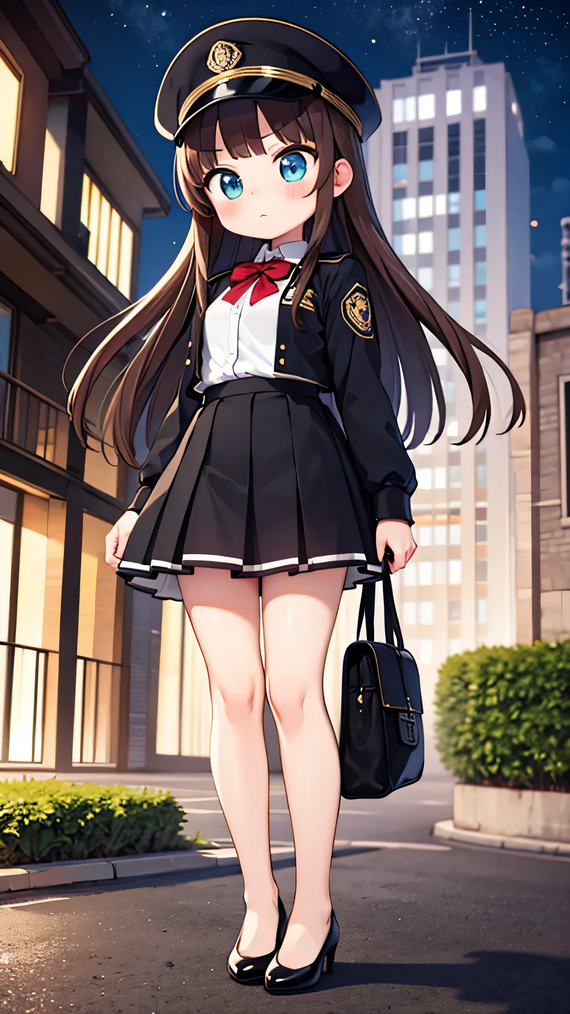 masterpiece, {highest quality], [Super beautiful], [Ultra fine], [Best illustration],Brown Hair, Hime cut, Long Hair, With bangs, girl, Uniform cap,Security uniform, Angry face, blush, Slender women, Straight Skirt, Standing posture, （Public）Night Park, diagonal, From diagonal, Bare feet and pumps, Plain black pumps,Cross your legs
