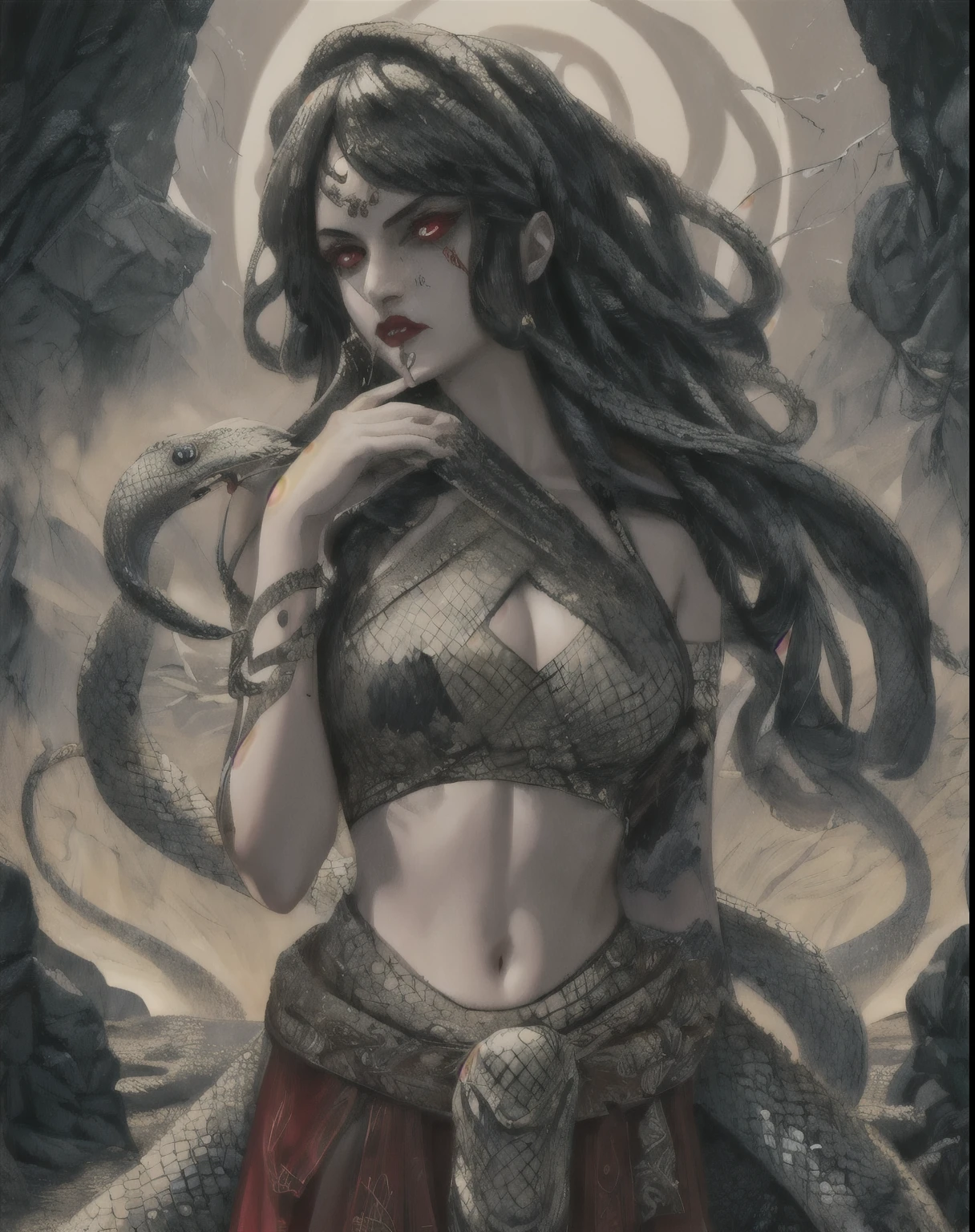 gorgon, gray skin, nsfw, snake eyes, angry face, gothic makeup, tribal markings, (masterpiece),  best quality, highres, 4k, 8k, Detailed Illustration, intricate detail, cinematic lighting, amazing quality, amazing shading, soft lighting, upper body, midriff, breasts, torso, scales, snake hair, snakes, fangs, houraisan_kaguya_touhou, black hair, very_long_hair, red_eyes, hime cut