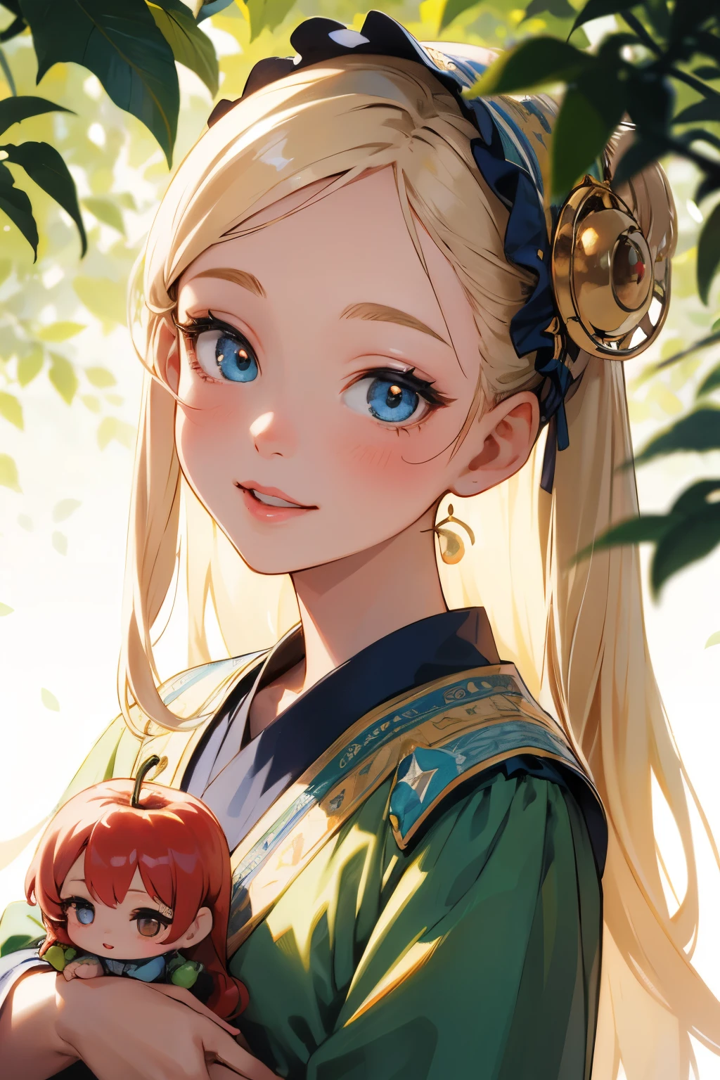 Photorealistic、Chibi Girl Doll(Apple-themed clothing、Have a magic wand、smile),8k, photorealistic, beautiful detailed eyes, beautiful detailed lips, extremely detailed face and skin, intricate details, vibrant colors, natural lighting, pastoral, serene, tranquil, cozy, cute, adorable, kawaii