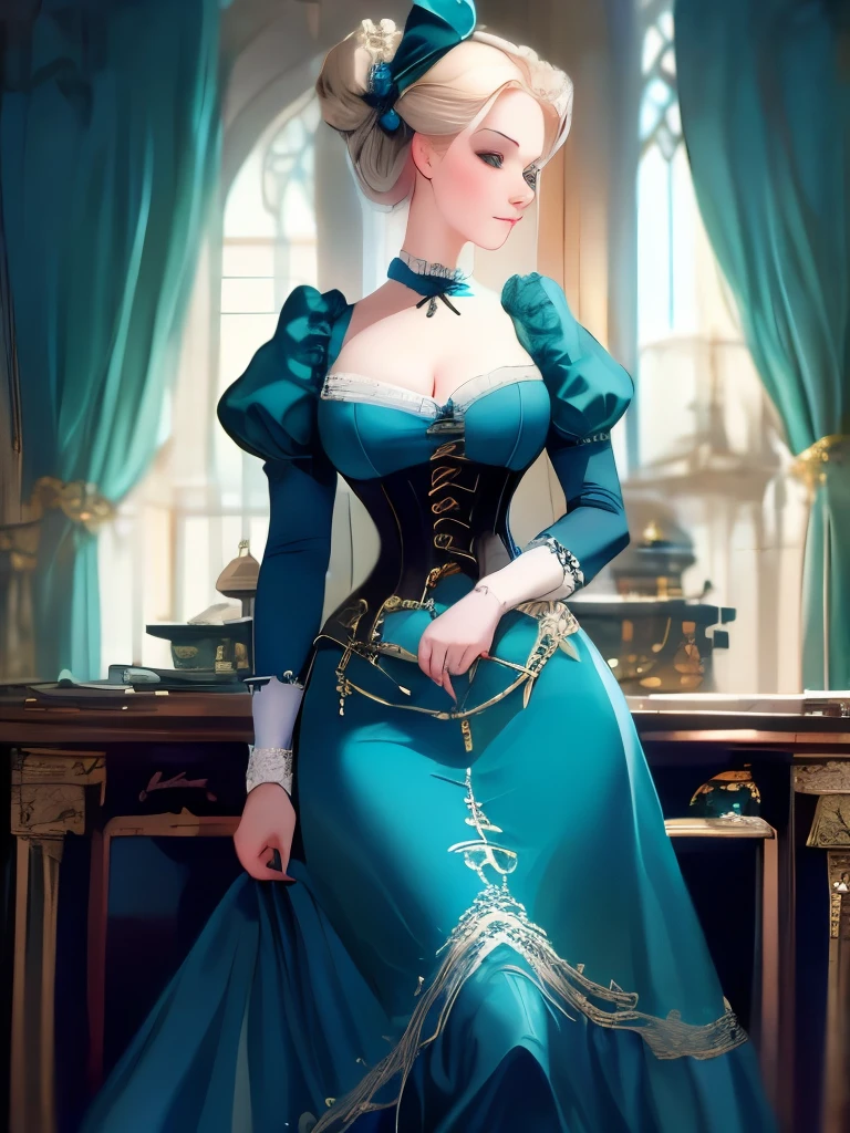 arafed woman in a blue dress with a bow and a white blouse, in victorian aristocrat, a beautiful victorian woman, intricate victorian dress, with victorian clothing, cyan corset, victorian style costume, gorgeous portrait, blue corset, ornately dressed, victorian blue dress, victorian lady, fantasy victorian art, a steampunk beautiful goddess, victorian inspired clothing