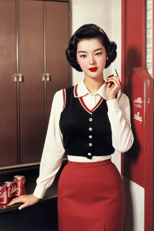 1952, Seoul, (1 korean young girl), Coca Cola Advertisement, sweater vest, pencil skirt, storage room , Coke Girl, (big breasts, strikingly beautiful, delicate facial features, porcelain skin, expressive eyes, black hair, red lips), (hairstyle of the 1950s)