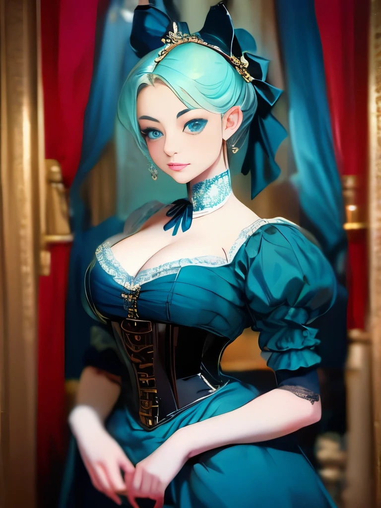 arafed woman in a blue dress with a bow and a white blouse, in victorian aristocrat, a beautiful victorian woman, intricate victorian dress, with victorian clothing, cyan corset, victorian style costume, gorgeous portrait, blue corset, ornately dressed, victorian blue dress, victorian lady, fantasy victorian art, a steampunk beautiful goddess, victorian inspired clothing