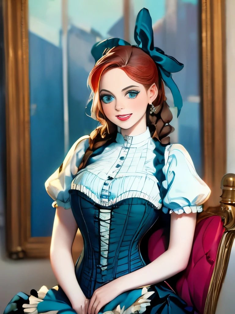 arafed woman in a blue dress with a bow and a white blouse, in victorian aristocrat, a beautiful victorian woman, intricate victorian dress, with victorian clothing, cyan corset, victorian style costume, gorgeous portrait, blue corset, ornately dressed, victorian blue dress, victorian lady, fantasy victorian art, a steampunk beautiful goddess, victorian inspired clothing